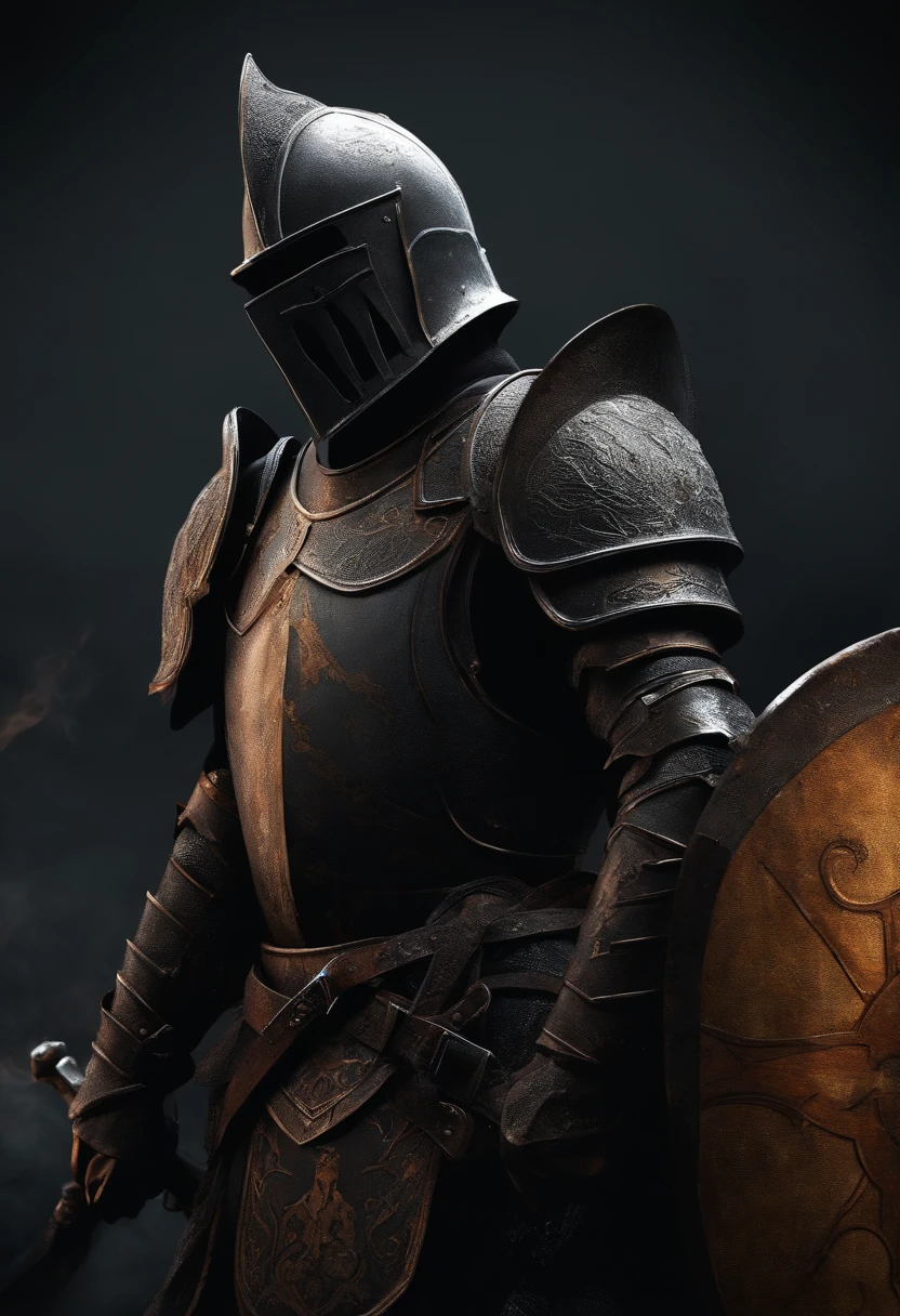 /imagine prompt: Knight illustration with sticker on black background,Rusty iron sword,The outline is bold, Jagged edges, Trash core, Light and Shadow - V 5.2