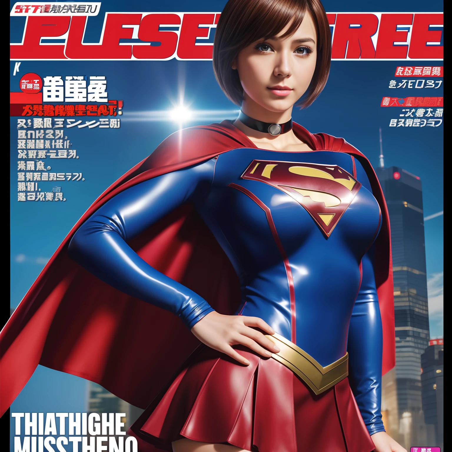 (Best Quality,4K,8K,hight resolution,masutepiece:1.2),Ultra-detailed,Realistic:1.37,Super masterpiece,Short-haired Supergirl、large full breasts、Looking at the camera、Glossy costume、a choker、Too short miniskirt、Magazine covers、Weekly Magazine