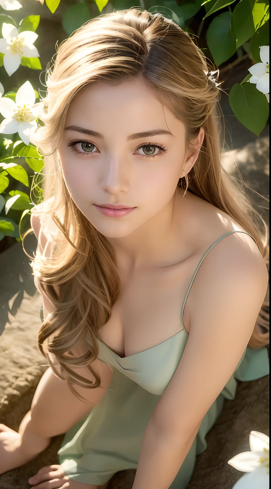 (Best quality,4K,A high resolution,Ultra-detailed,Realistic:1.37),Vivid colors,Sunlight,llight rays,bergamot,white blossoms,Beautiful girl,Exquisite features,Flowing hair,Serene expression,Garden setting,Elaborate dress,Soft sunlight,Gentle breeze,Cheerful ambiance,Backlit scene,a hint of smile,ethereal glowing,Fresh in the morning,Long shadows,harmony of nature,subtle reflections,Natural beauty,Twinkling dewdrops,Clear detail,serenity and calm,Sublime ingredients,Arrive at the branch,whispering leaves,Aromatherapy petals,with light glowing,Sparkling highlights,Subtle shadows,Soft focus,Sublime beauty,Whisper natural,Fantastical Atmosphere,Illuminated background.