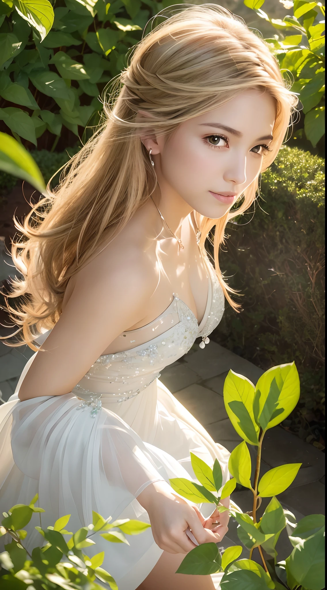 (Best quality,4K,A high resolution,Ultra-detailed,Realistic:1.37),Vivid colors,Sunlight,llight rays,bergamot,white blossoms,Beautiful girl,Exquisite features,Flowing hair,Serene expression,Garden setting,Elaborate dress,Soft sunlight,Gentle breeze,Cheerful ambiance,Backlit scene,a hint of smile,ethereal glowing,Fresh in the morning,Long shadows,harmony of nature,subtle reflections,Natural beauty,Twinkling dewdrops,Clear detail,serenity and calm,Sublime ingredients,Arrive at the branch,whispering leaves,Aromatherapy petals,with light glowing,Sparkling highlights,Subtle shadows,Soft focus,Sublime beauty,Whisper natural,Fantastical Atmosphere,Illuminated background.