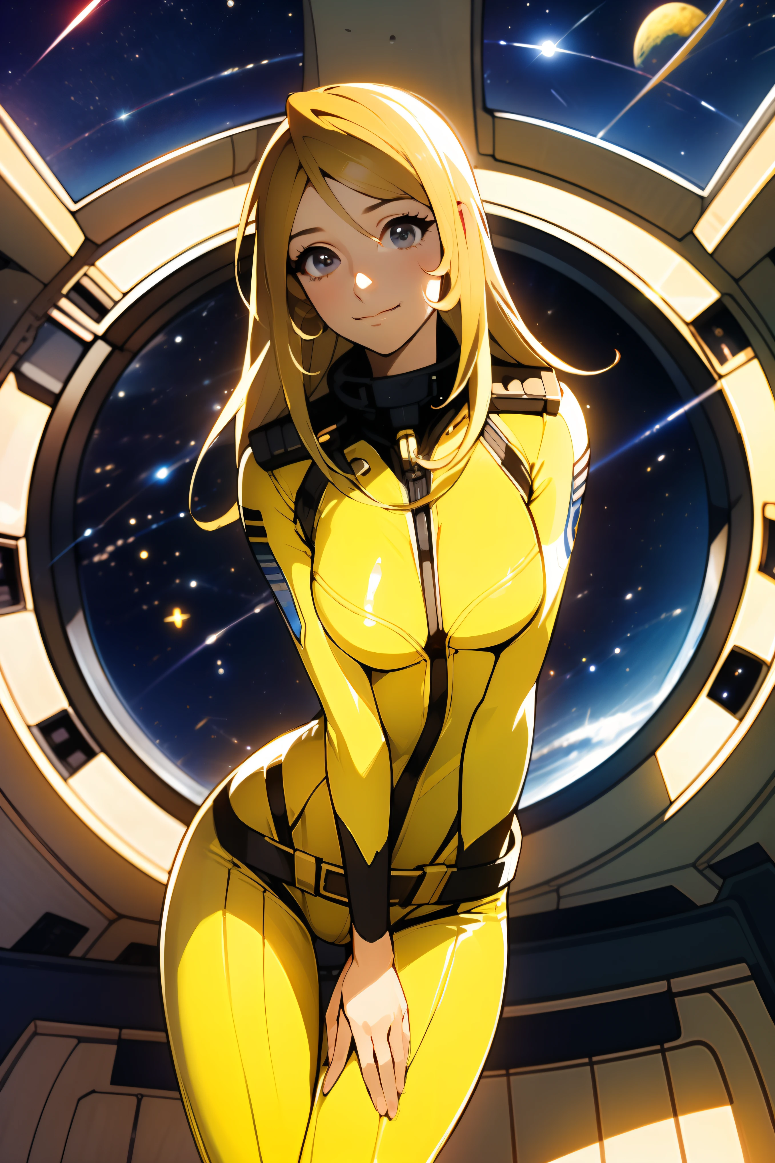 (masterpiece, best quality:1.2), (cowboy shot:1.1), solo, 1girl, mori yuki, slight smile, closed mouth, looking at viewer, blonde hair, thigh gap, yellow bodysuit, skin-tight, perfect body, belt, large window, (starship porthole:1.3), from front, (spread legs:1.3), (standing:1.1), thigh gap, perfect hands, bright starship interior, (outer space view:1.1), (orbital view:1.3), (night, stary sky:1.5), milky way