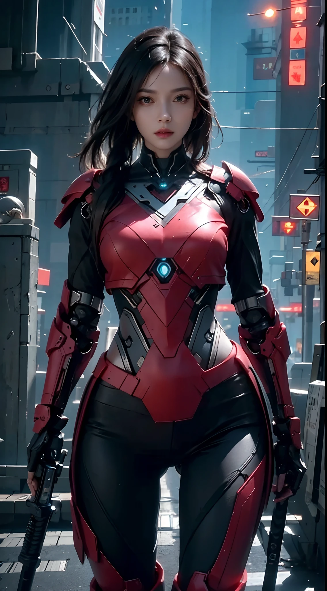8k, 。...........3D, realista, Ultra Micro Photography, of the highest quality, Super detalle CG Unity 8k,photorealistic, high resolution, soft light,1women, solo, hips up, (detailed face), red long hair, cybersamurai, cyborg, cyberpunk, ( cyber armor:1.4), holding weapon,glowing,gun, city at night