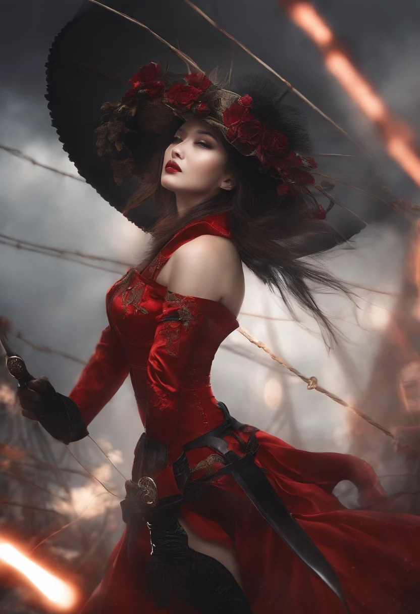 1 fille japonaise, Structure de guerre, Motif complexe, Heavy metal, Power lines, anonyme, Des yeux brillants, elegant, intense, uniforme rouge sang et noir, seulement, moderne, ville, Rues, Nuages sombres, orage, fortes pluies,, dramatic lighting,, (Masterpiece:1.2), Best quality, High resolution, Beautiful Detailed, Extremely detailed, perfect lighting,