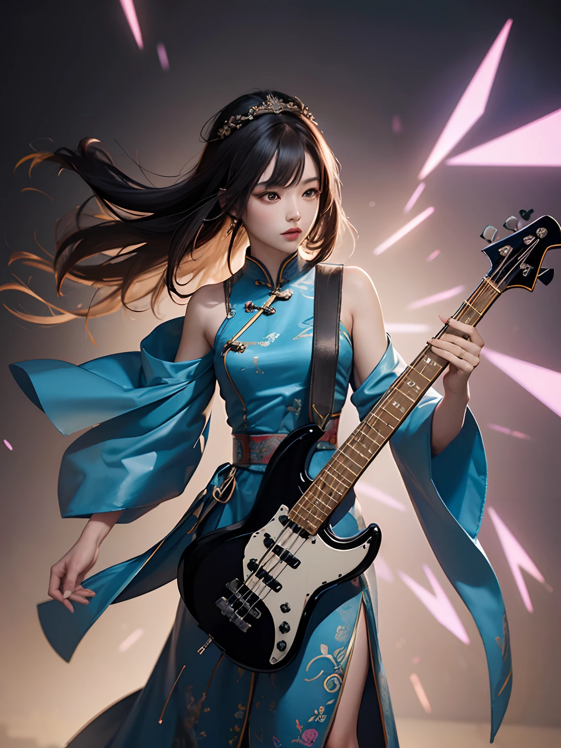 Digital art by Vinz, ultra beauty guitarist woman, electric bass guitar, long slit Cheongsam, surrounded by terracotta warriors, full body closeup, ultra details, complex composition, ultra realism, as a frame from movie, rim light, Mysterious --auto