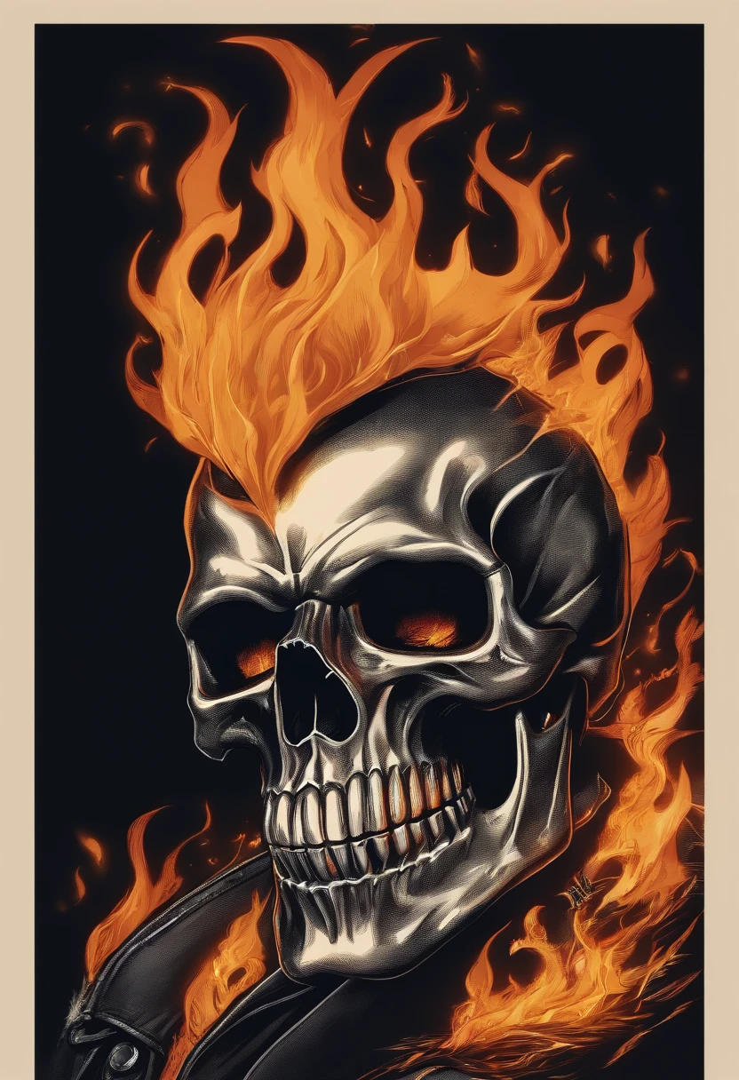 /imagine prompt: Ghost Rider illustration with sticker on black background,Flaming skull，The outline is bold, Jagged edges, Trash core, Light and Shadow - V 5.2