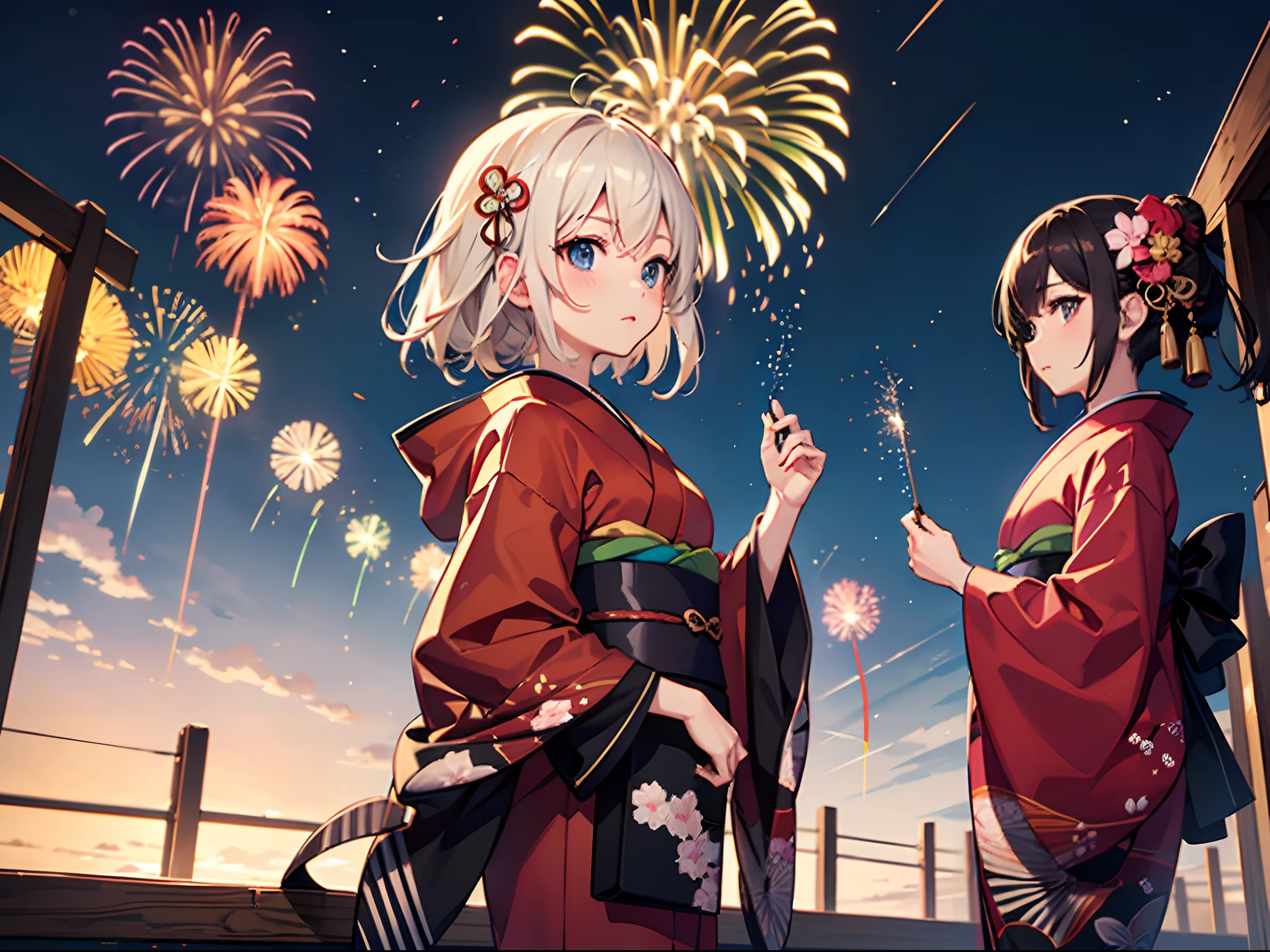 ((Best Quality, 8K, Masterpiece: 1.3)), Anime girls wearing kimono watching fireworks