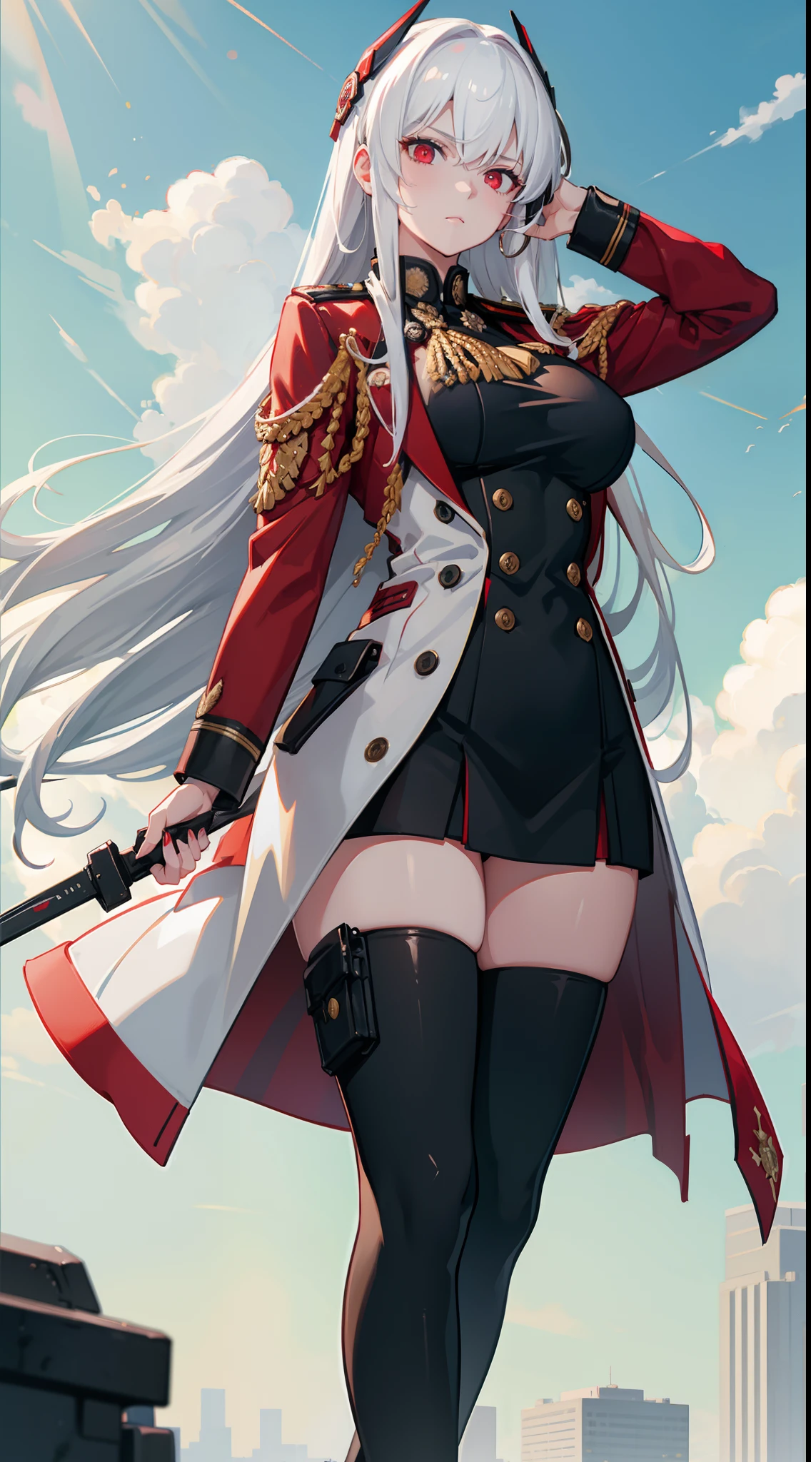 Best quality, masterpiece, 1girl, white hair, uniform, coat, large breasts, red eyes, long hair, military uniform, pants,