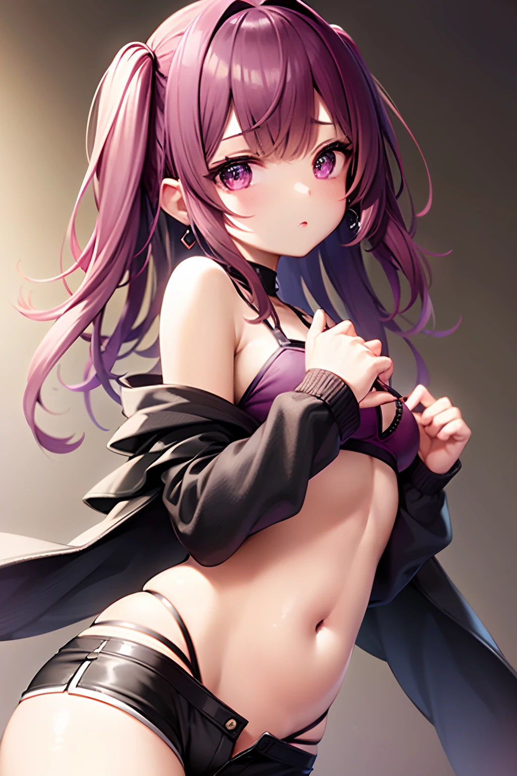 1 girl, solo, masterpiece,soft picture, pink crop top,black underwear,bra strip,dark purple shorts, big eyes, semi round eyes, earings, fancy clothes.