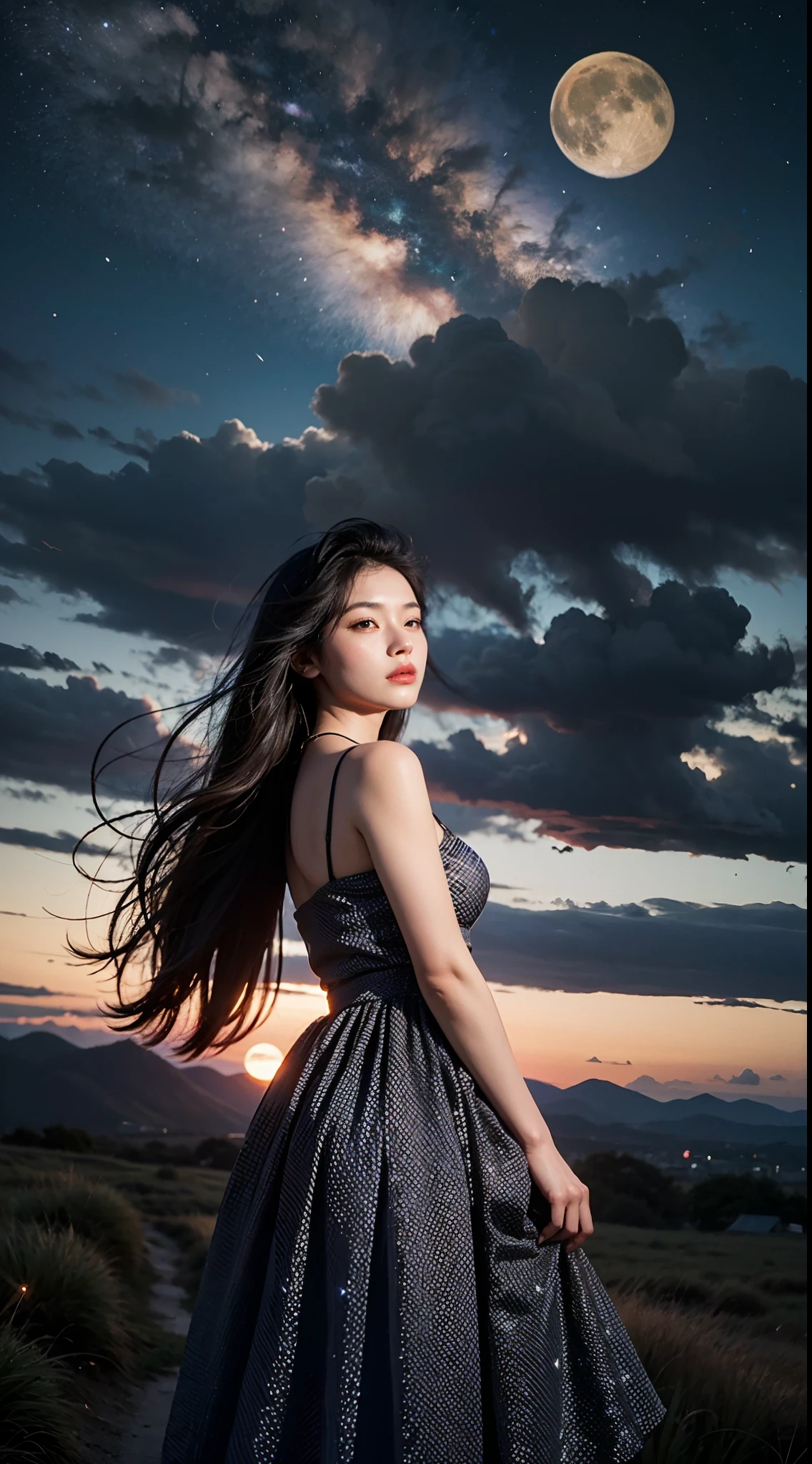 "A breathtakingly beautiful masterpiece of the highest quality featuring a woman with long hair in silhouette against a night sky on a hill with clouds and a full moon. The scene is represented with visible wind and dotted with sparkling fireflies and stars."