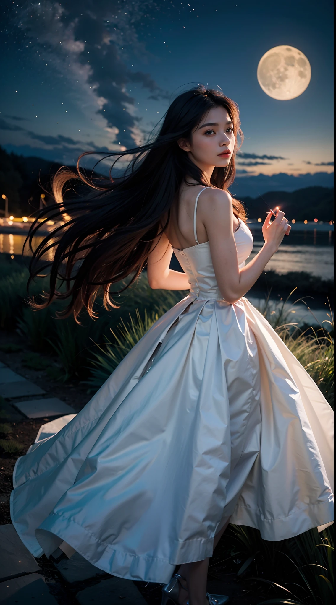 "A breathtakingly beautiful masterpiece of the highest quality featuring a woman with long hair in silhouette against a night sky on a hill with clouds and a full moon. The scene is represented with visible wind and dotted with sparkling fireflies and stars."