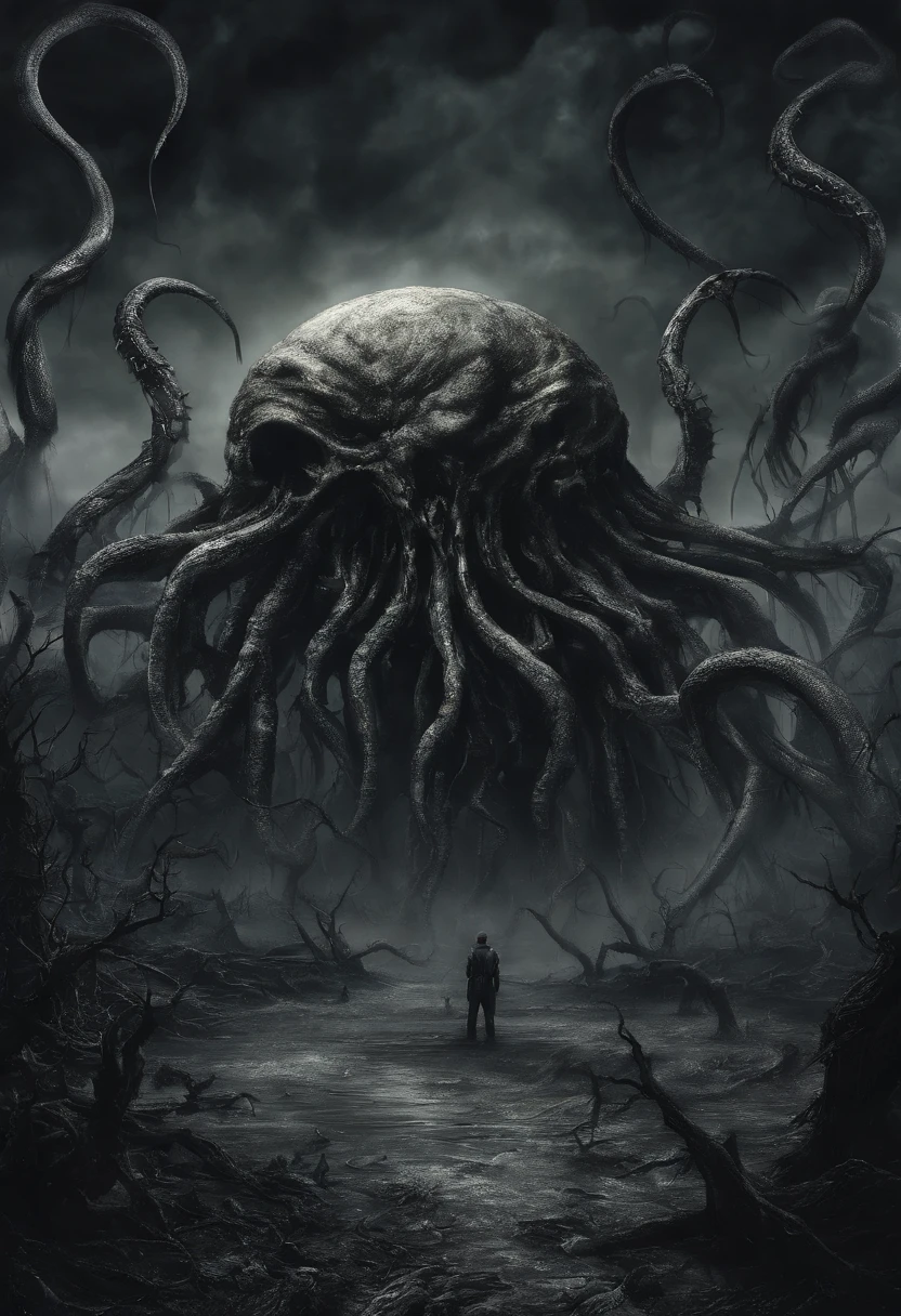 There is a planet in the middle., Tentacles in the universe, Lovecraftian Inspiration, Lovecraftian Universe Fear, Lovecraftian Hellscape, Horror, fantasy and universe films, Lovecraftian atmosphere, Lovecraft, Planet in the open air, There are a lot of people with animals.