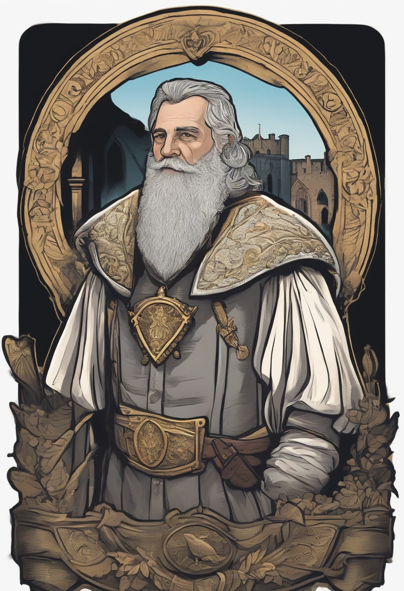 /imagine prompt: Mayor illustration with sticker on black background,The outline is bold, Jagged edges, Garbage core, medieval times,Light and Shadow - V 5.2