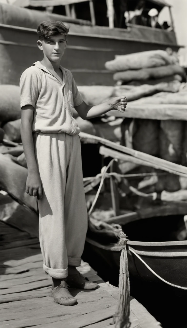 poor -yeld wh boy standing holding small mox peanuts and waving with his hands in the boat port of Algeria waving with his hand, Clouths sales ,1948,corps entier, real photography, French architecture, Provia, Security Officer, Vignette, petit nombre de personnes, real, Grand cadre