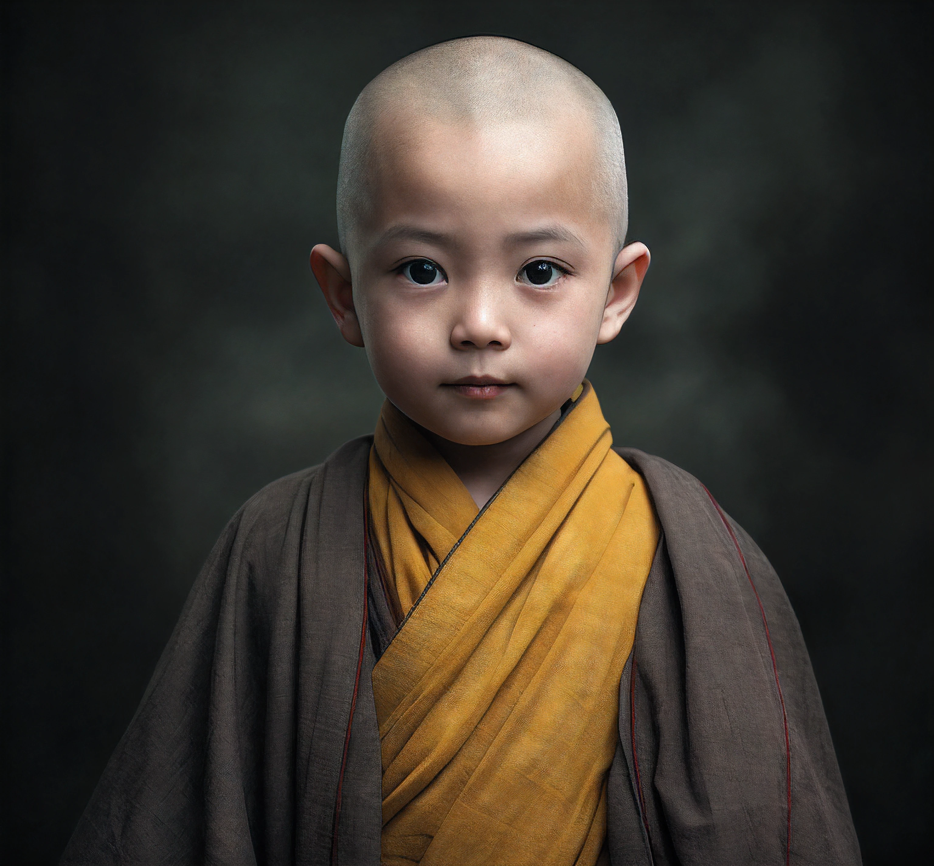 The little monk wore a loose brown monk's robe,The pleats flutter in the breeze。Behind him is a magnificent landscape of landscapes,The mountains are undulating,dense with greenery,The lake is crystal clear。He clasped his hands together,It exudes an air of peace and tranquility,With a smile,The eyes are gentle and bright。He stood there quietly,It seems to be at one with nature,Exudes a peaceful spirituality,Look ahead。