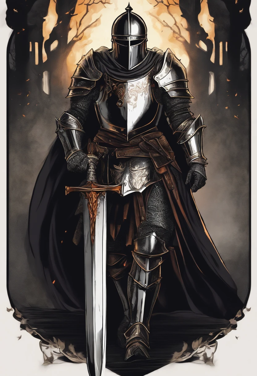 /imagine prompt: Knight illustration with sticker on black background,Burning medieval helmet，Burning iron sword，The outline is bold, Jagged edges, Garbage core, Light and Shadow - V 5.2
