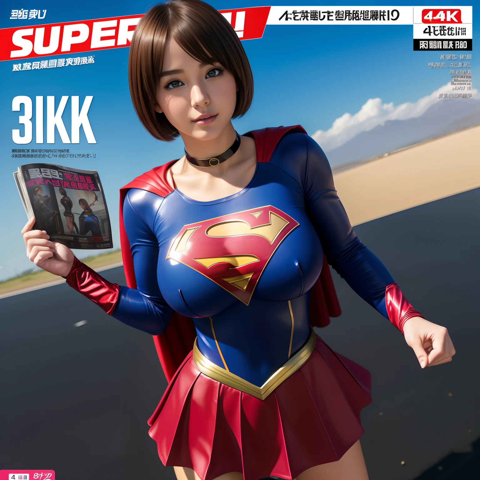 (Best Quality,4K,8K,hight resolution,masutepiece:1.2),Ultra-detailed,Realistic:1.37,Super masterpiece,Short-haired Supergirl、large full breasts、Looking at the camera、Glossy costume、a choker、Too short miniskirt、Magazine covers、Weekly Magazine
