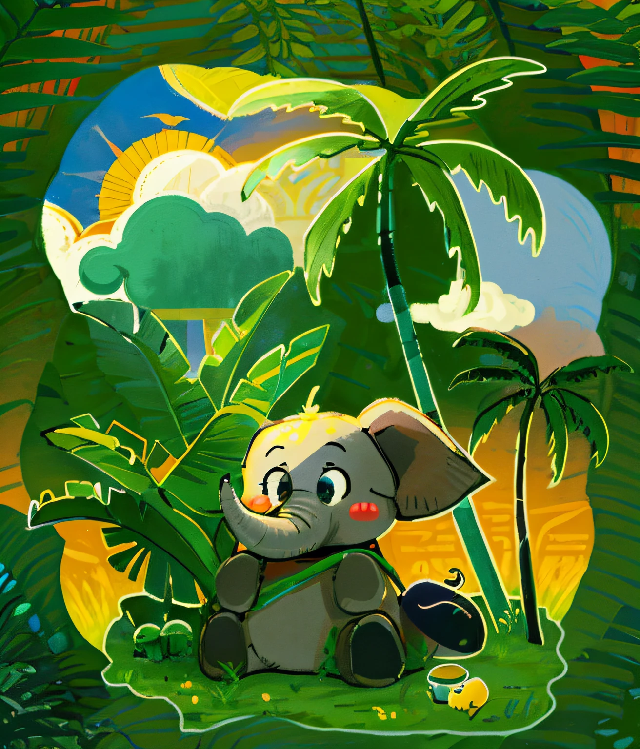 Cartoon elephant sitting on grass with a small bird, cute elephant, in jungle, African elephant in the jungle, in a tropical forest, full-colour illustration, full color digital illustration, cute storybook illustration, In the jungle, in a jungle environment, hd illustration, children's book illustrations, colorful kids book illustration, children's book illustrations, children's book illustrations
