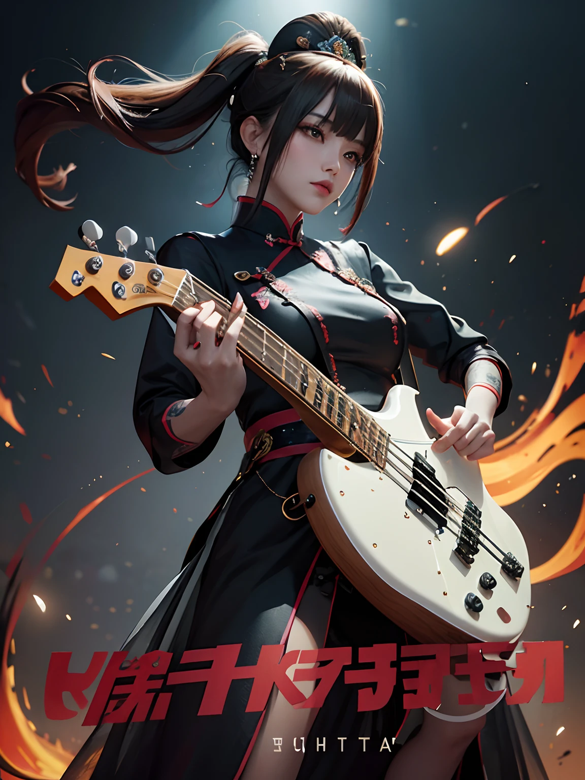 Digital art by Vinz, ultra beauty guitarist woman, electric bass guitar, long slit Cheongsam, surrounded by terracotta warriors, full body closeup, ultra details, complex composition, ultra realism, as a frame from movie, rim light, Mysterious