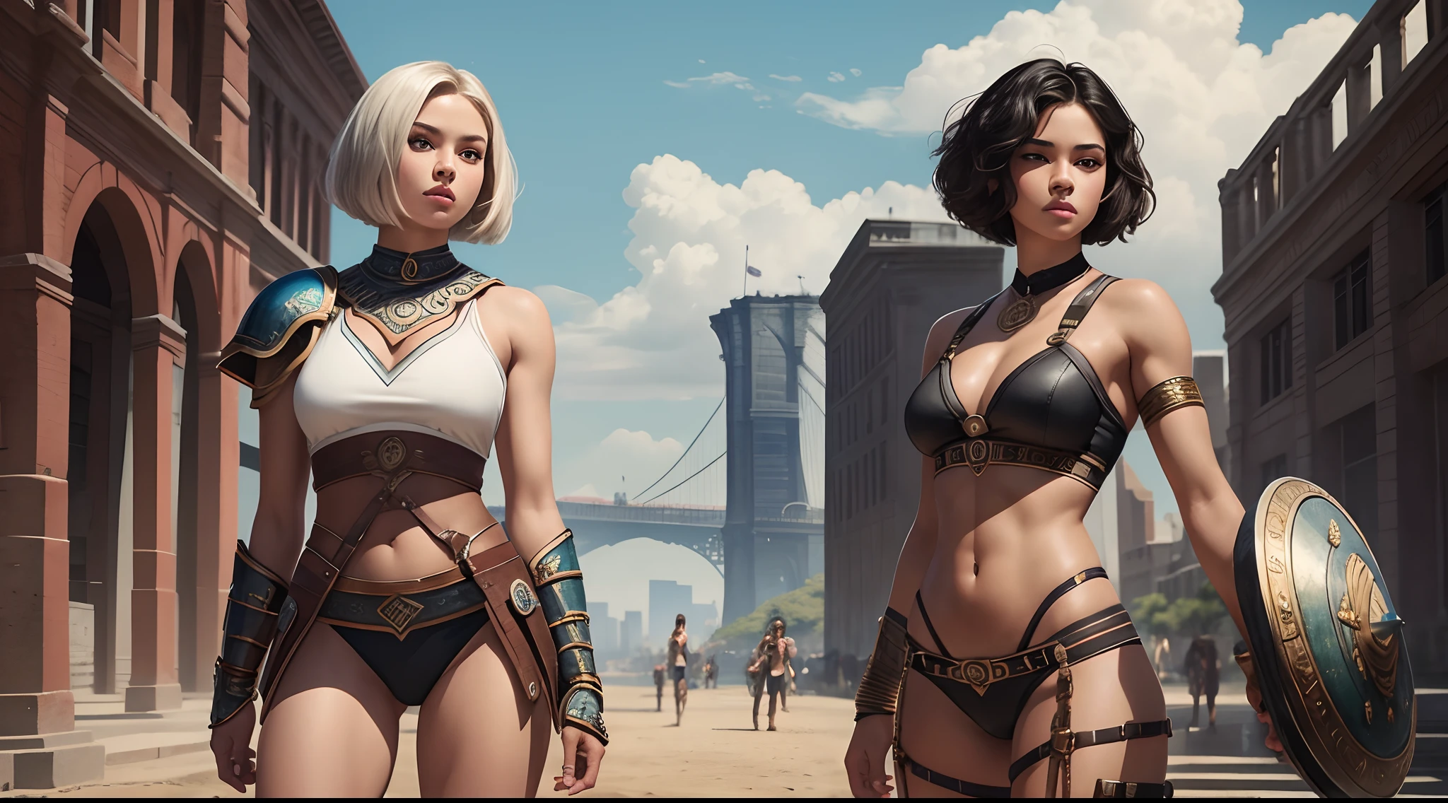 "Indulge in the beauty of our diverse and creative illustrations. Imagine a 20-year-old girl with a good body structure, double white skin, and a bob shorthair, radiating confidence and strength as a Brooklyn Gladiator."