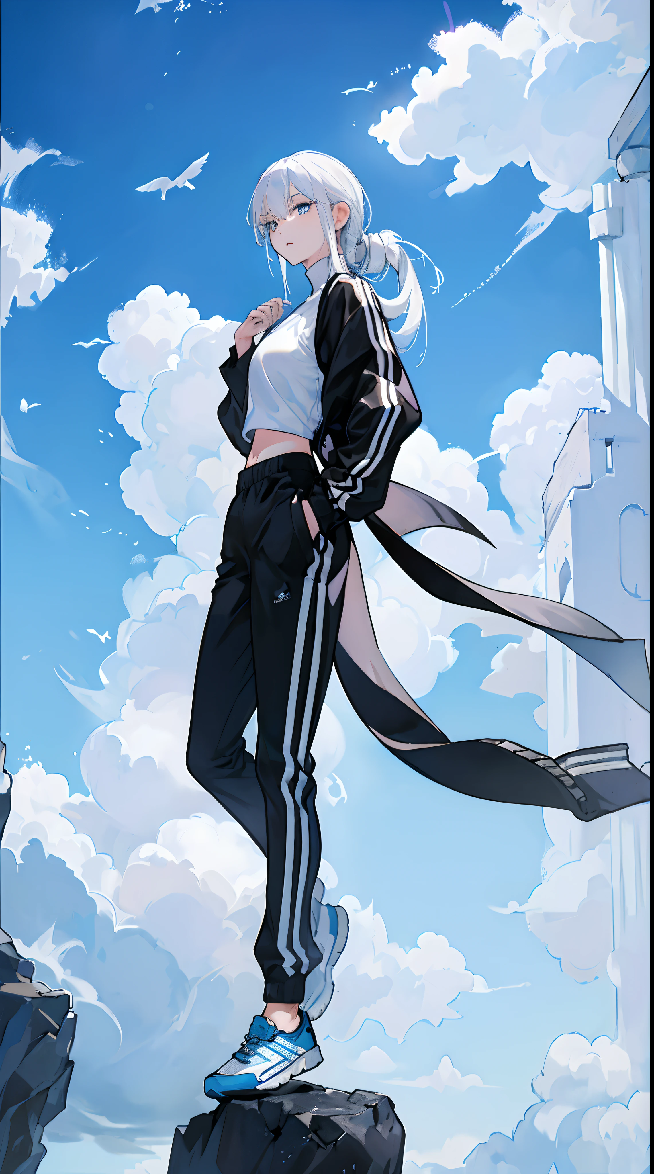 White-haired girl，She has white hair and blue eyes，She wears an Adidas black tracksuit，The black coat clings to her slender figure，Black sweatpants reveal well-proportioned legs。Her hair is pure white，Flowing on her shoulders，This contrasts with her distinctive blue pupils。The background is a beautiful blue sky and white clouds