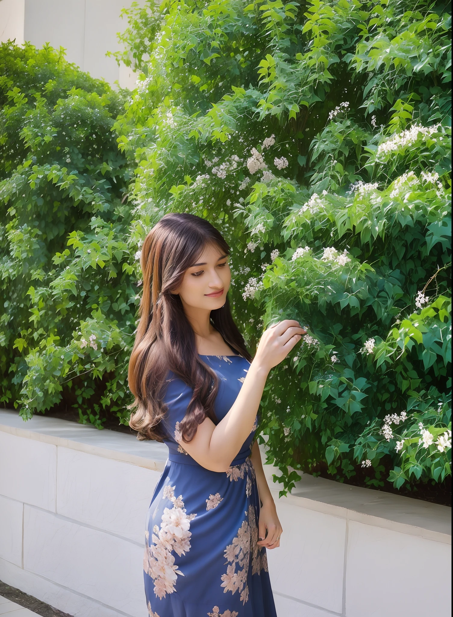 araffe woman in a blue dress standing next to a bush, with ivy, with flowers, in garden, photo taken with canon 5d, next to a plant, with soft bushes, amidst nature, candid picture, next to a tree, nivanh chanthara, in the garden, candid photography, beutifull, in sunny weather