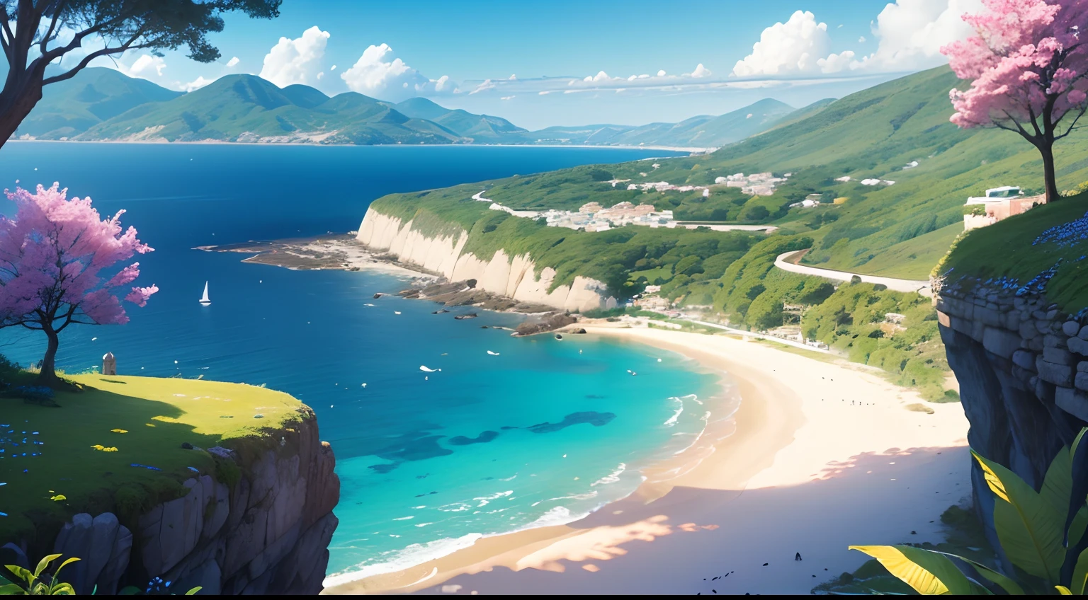 (melhor qualidade,4k,Altas,master part:1.2),ultra-detalhado,Realistic,Bela natureza exuberante, paisagens serenas, cores vibrantes, luz solar suave, atmosfera tranquila, flores florescendo, flowering vegetation, rios calmos, Colinas, cachoeiras refrescantes, vida selvagem diversa, birds chirping, clear blue skies, breathtaking landscapes, beleza hipnotizante, peaceful harmony, Maravilhas Naturais, A paradise on earth