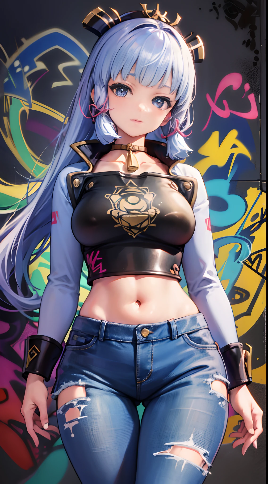 kamisato ayaka|genshin impact, master-piece, bestquality, 1girls,30 years old, proportional body, Big legs, Beautiful, proportional., crop top, Long Jeans, mediuml breasts, ,bara, crop top, choker, (Graffiti:1.5), Splash with purple lightning pattern., arm behind back, against wall, View viewers from the front., Thigh strap, Head tilt, bored,(NSTDA.:1.2), (10, beste-Qualit, master-piece: 1.4), Beautiful red hair, ultra-high resolution, (lifelike, photorealistic portrait: 1.48), (Looking Through Crop Tops.), Famous Japanese actors, beautiful clear eyes, Head tilt, cowboy shot, from the front, looking at the audience, expressionless, Beautiful lake, Zeiss 150mm F/ 2.8 Hasselblad, Whole body, foot, Ultra-Wide Angle,