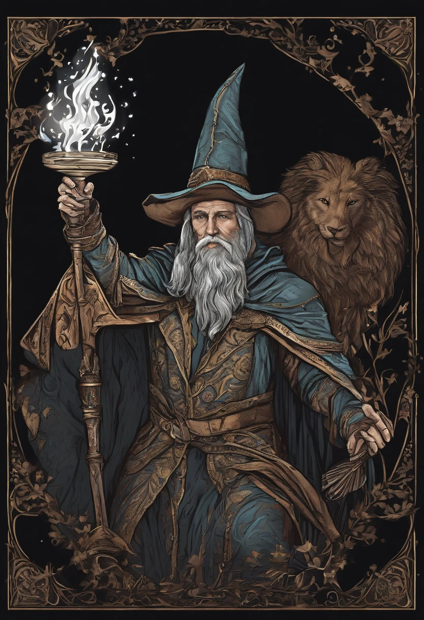 /imagine prompt: Magician illustration with sticker on black background,medieval times,The outline is bold, Jagged edges, Trash core, Light and Shadow - V 5.2
