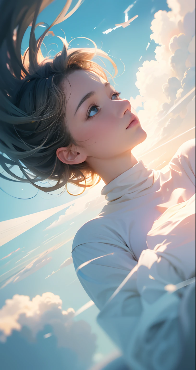 masterpiece, best quality, movie still, 1girl, floating in the sky, cloud girl, cloud, (close-up:1.1), bright, happy, fun, soft lighting, (Bauhaus, shapes, lines, abstract:1.1) --auto