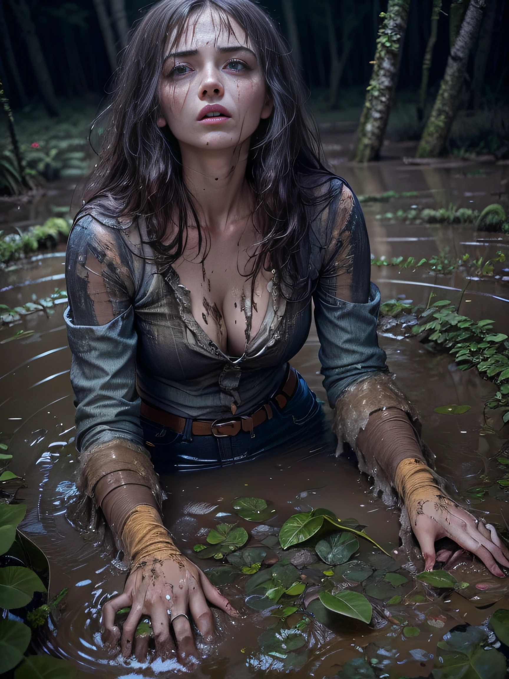 dense damp forest, the night, (Black Sky). Tormented by lust, european woman, a closeup of a, (Drowning in a mud swamp), Dressed in jeans and a blouse. She is embarrassed and frightened,