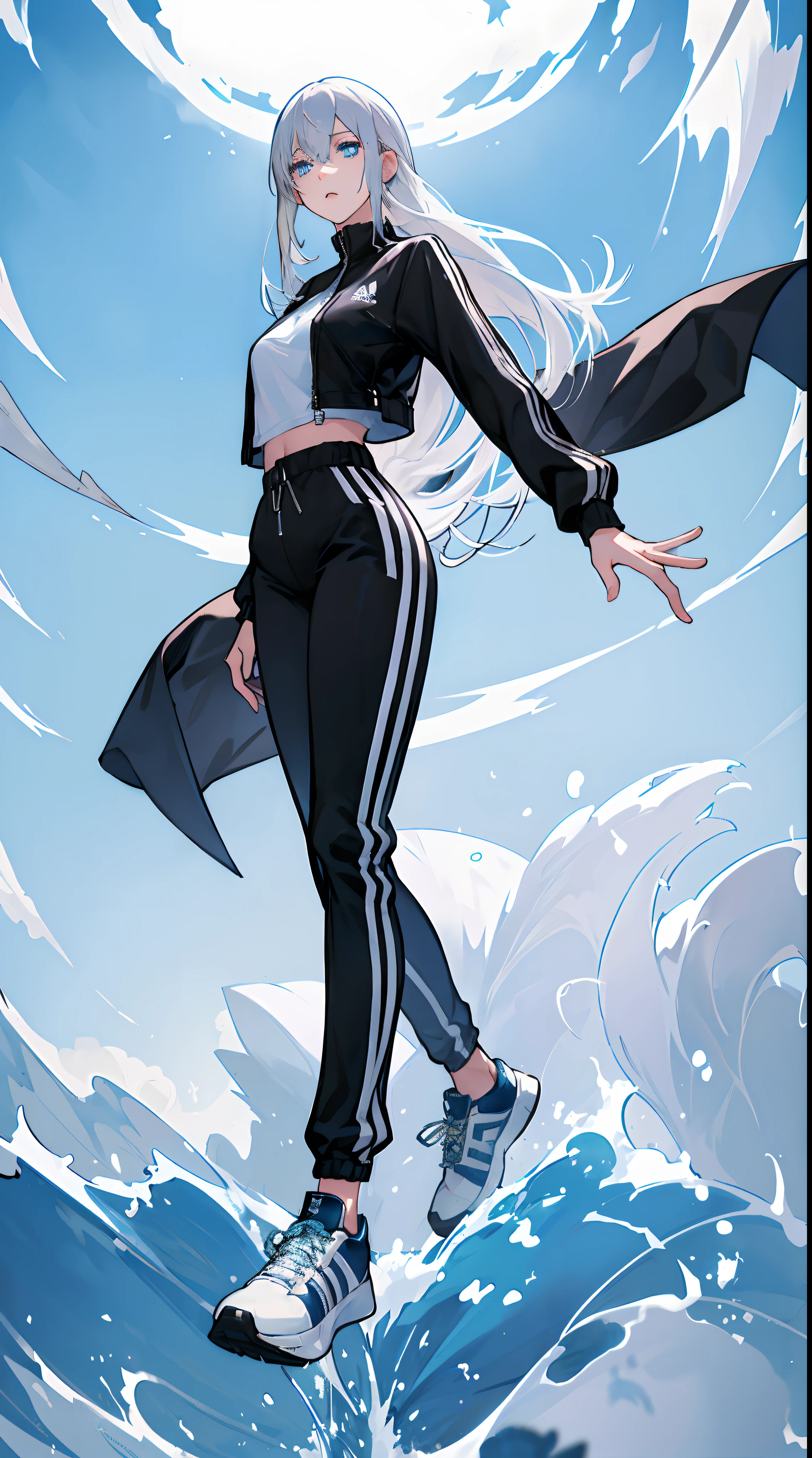 White-haired girl,She has white hair and blue eyes,She wears an Adidas black tracksuit,The black coat clings to her slender figure,Black sweatpants reveal well-proportioned legs。Her hair is pure white,Flowing on her shoulders,This contrasts with her distinctive blue pupils。The background is a beautiful blue sky and white clouds