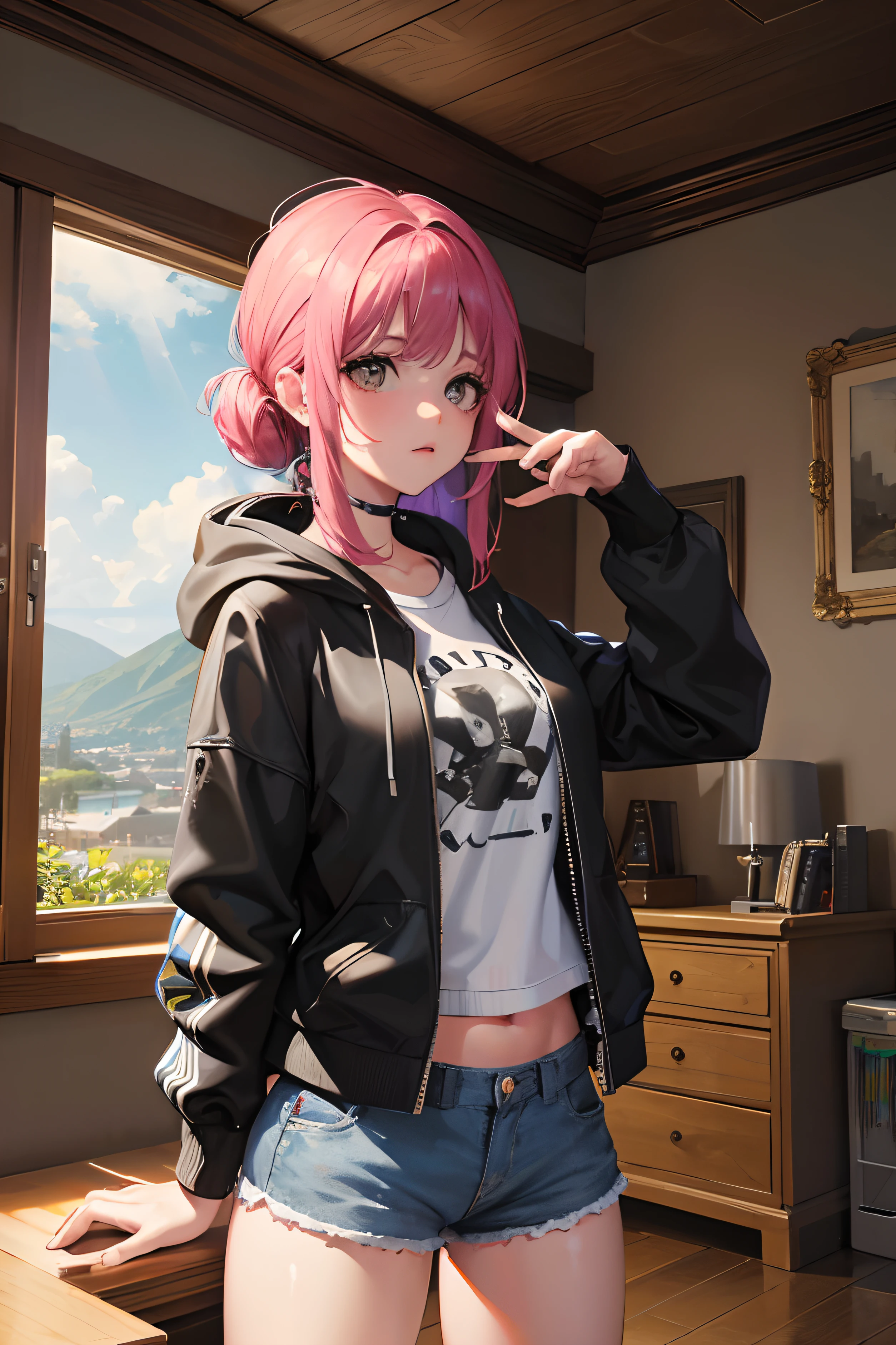 1girl.solamente,ojeras, alegre,sudadera desabrocahada, mini shorts, cuarto friki,(trasero:1.2),Cinematographer, Obra maestra, Foto realism,La mejor calidad, Super High Resolution, Foto RAW, photo session, profesional, Amazing expression, De color, surrealismo, Obra maestra, La mejor calidad, HDR, punto de vista, highest qualityr, foco nítido, Digital Artistic Representation, 8k, GAMER ROOM
