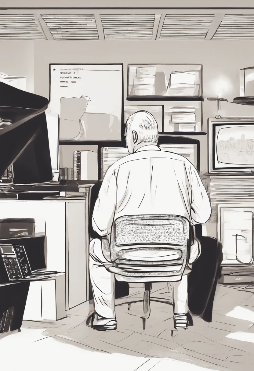 With his back to the camera, a 50-year-old man with short hair, a small chin, and an overweight build, wearing a black suit and white shirt, gazes at his computer monitor displaying the message "WARNING."