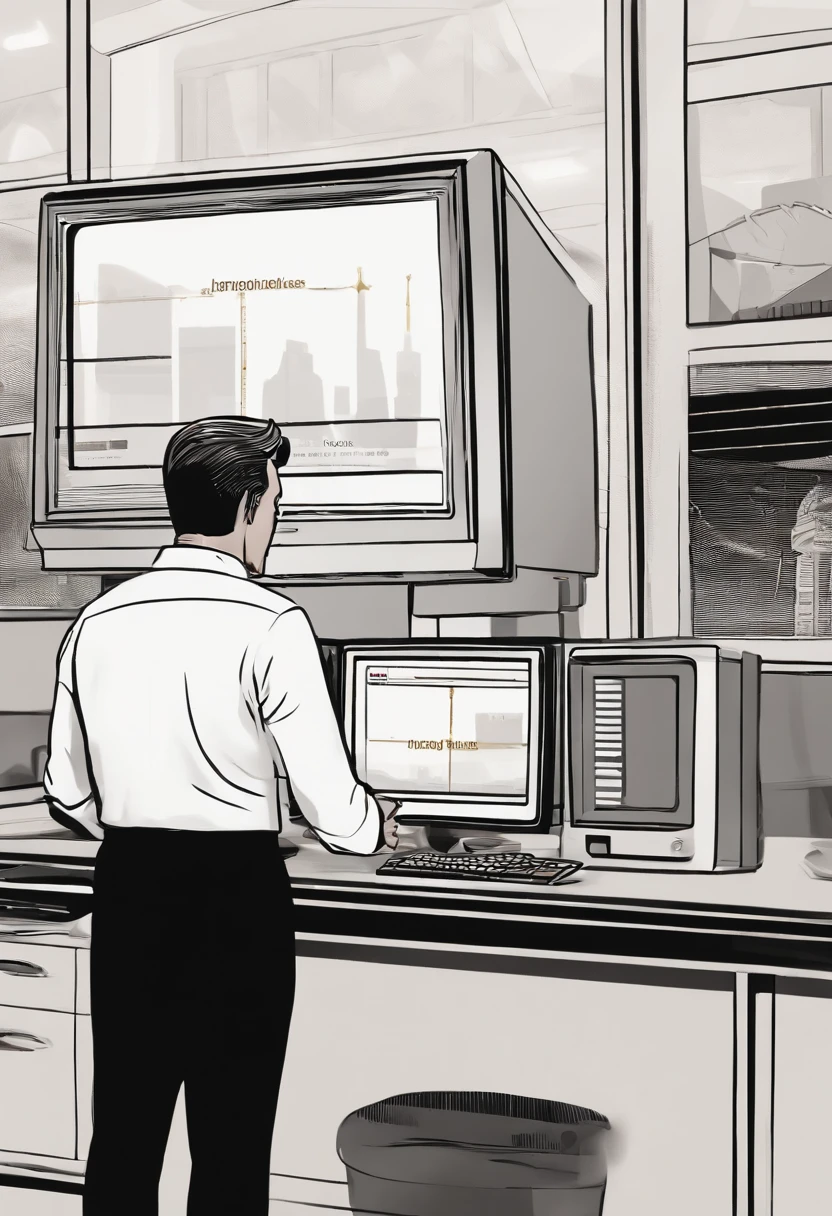 With his back to the camera, a 50-year-old man with short hair, a small chin, and an overweight build, wearing a black suit and white shirt, gazes at his computer monitor displaying the message "WARNING."