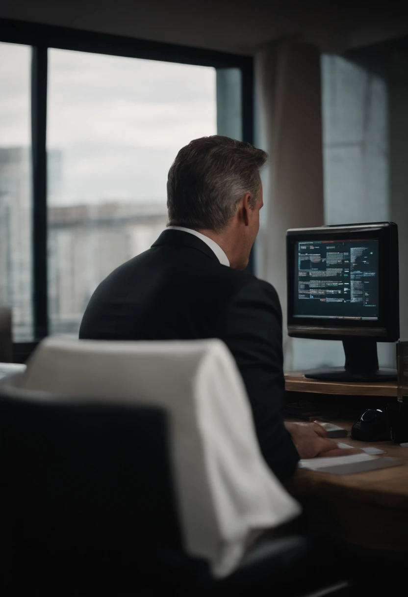 With his back to the camera, a 50-year-old man with short hair, a small chin, and an overweight build, wearing a black suit and white shirt, gazes at his computer monitor displaying the message "WARNING."