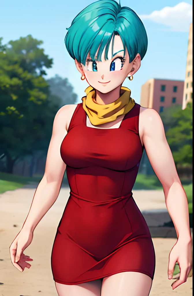 masterpiece, best quality, highres, dragon ball, blmshort, aqua hair, very short hair, earrings, jewelry, red dress, medium breasts, yellow scarf, short dress, sleeveless, outdoors, smile, cowboy shot, walking, ruins, building