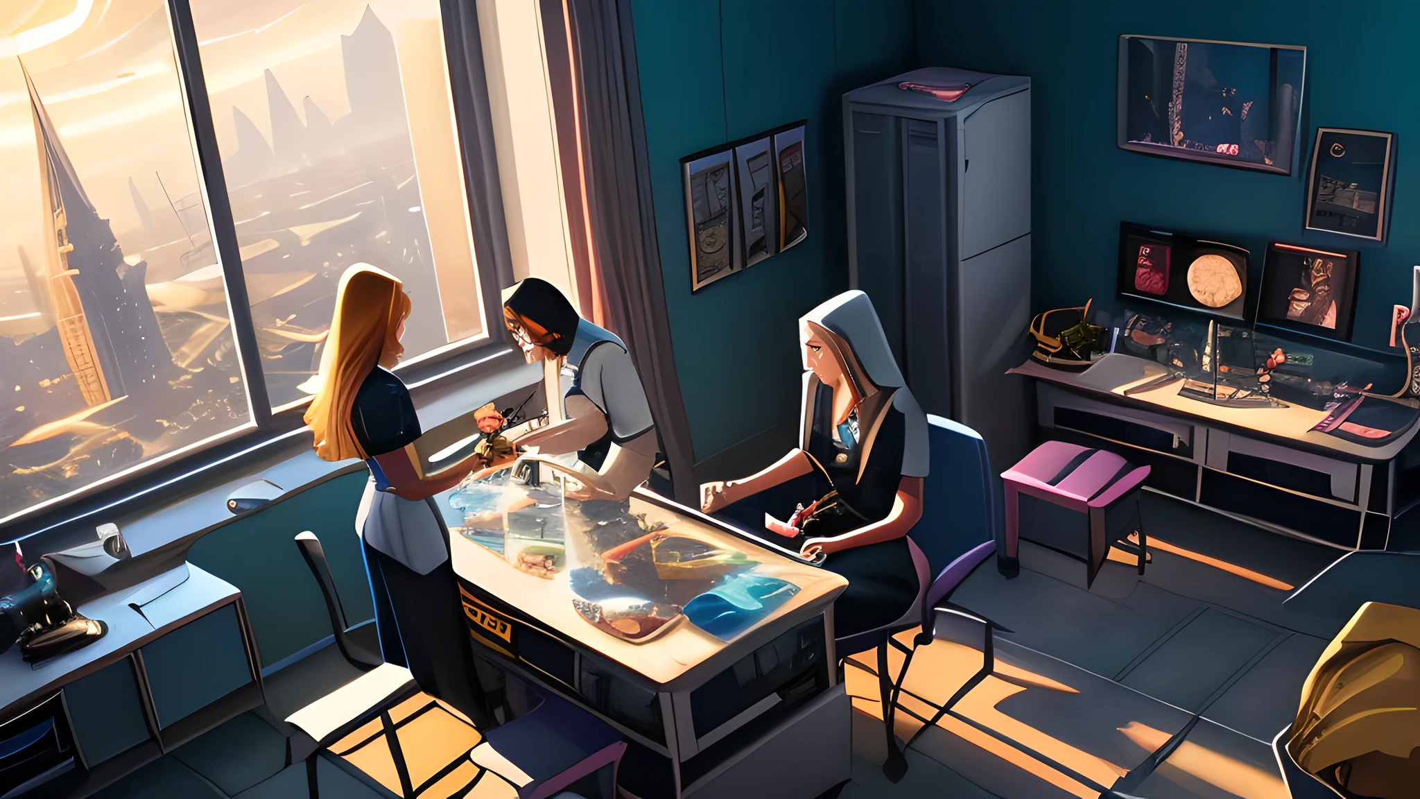 Two women sat at a table in the room, Game illustration, card game illustration, Stylized urban fantasy artwork, rpg game art, board game cover art, detailed game art illustration, 2020 video game screenshot, Relaxing concept art, life simulator game screenshot, metaverse concept art, video game screenshot>, Stylized concept art