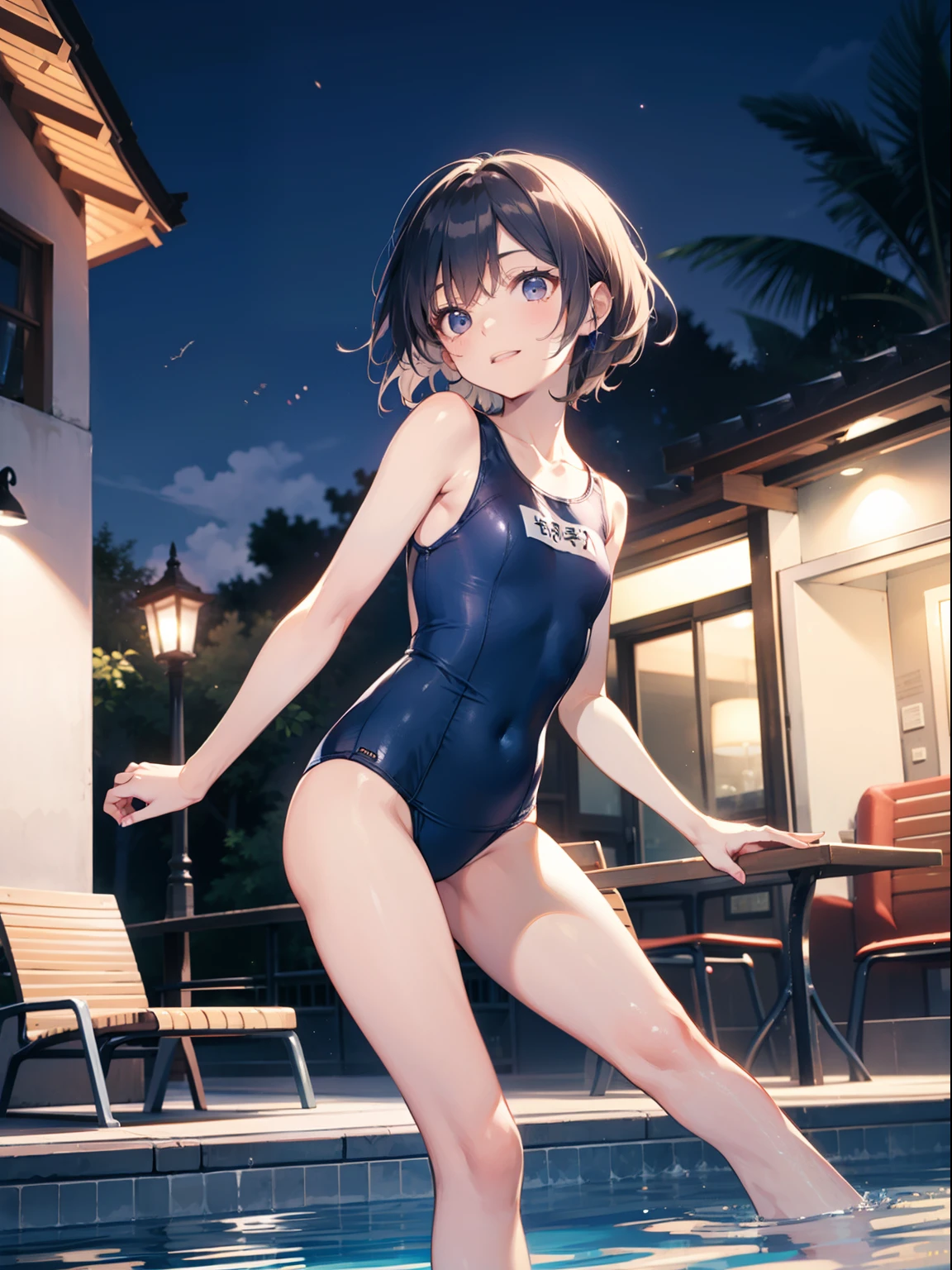 top-quality、Full limbs、complete fingers、Slender beauty、One、ssmile、embarassed expression、White Sailor School Swimsuit、Bery short hair、straighten your legs、Night Pool