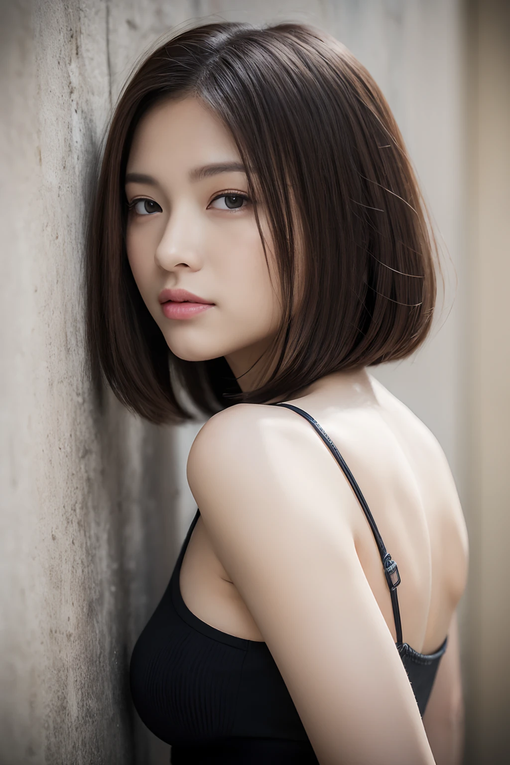 of the highest quality, 8K, masutepiece: 1.3, Photorealistic, Clear focus: 1.2, Best Quality:1.4, Ultra high definition, A hyper-realistic, Solo, Portrait, ((Young woman leaning against the side of the wall)), Realistic, blush, Realistic natural skin, Realistic face, Beautiful hairstyle, Detailed bob hair, Realistic eyes, Detailed eyes, Detailed skin, Sexy