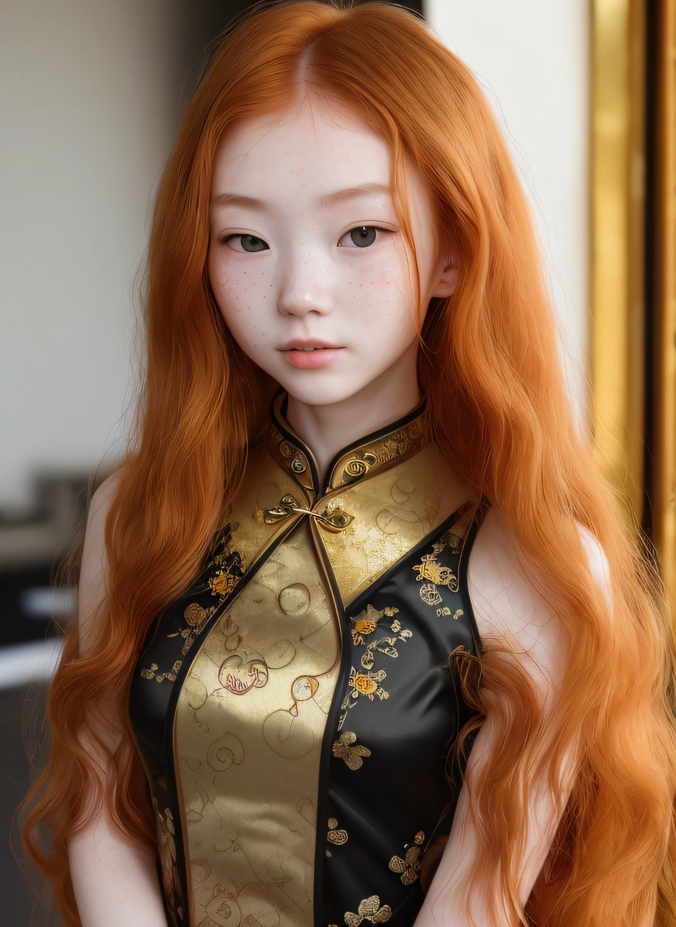 messy long flowing ginger hair, ( gold|black translucent:1.4 cheongsam:1.331), asian redhead ginger girl (18 years old), (freckles, pale skin), defined jawline, smaller head, gorgeous and seductive