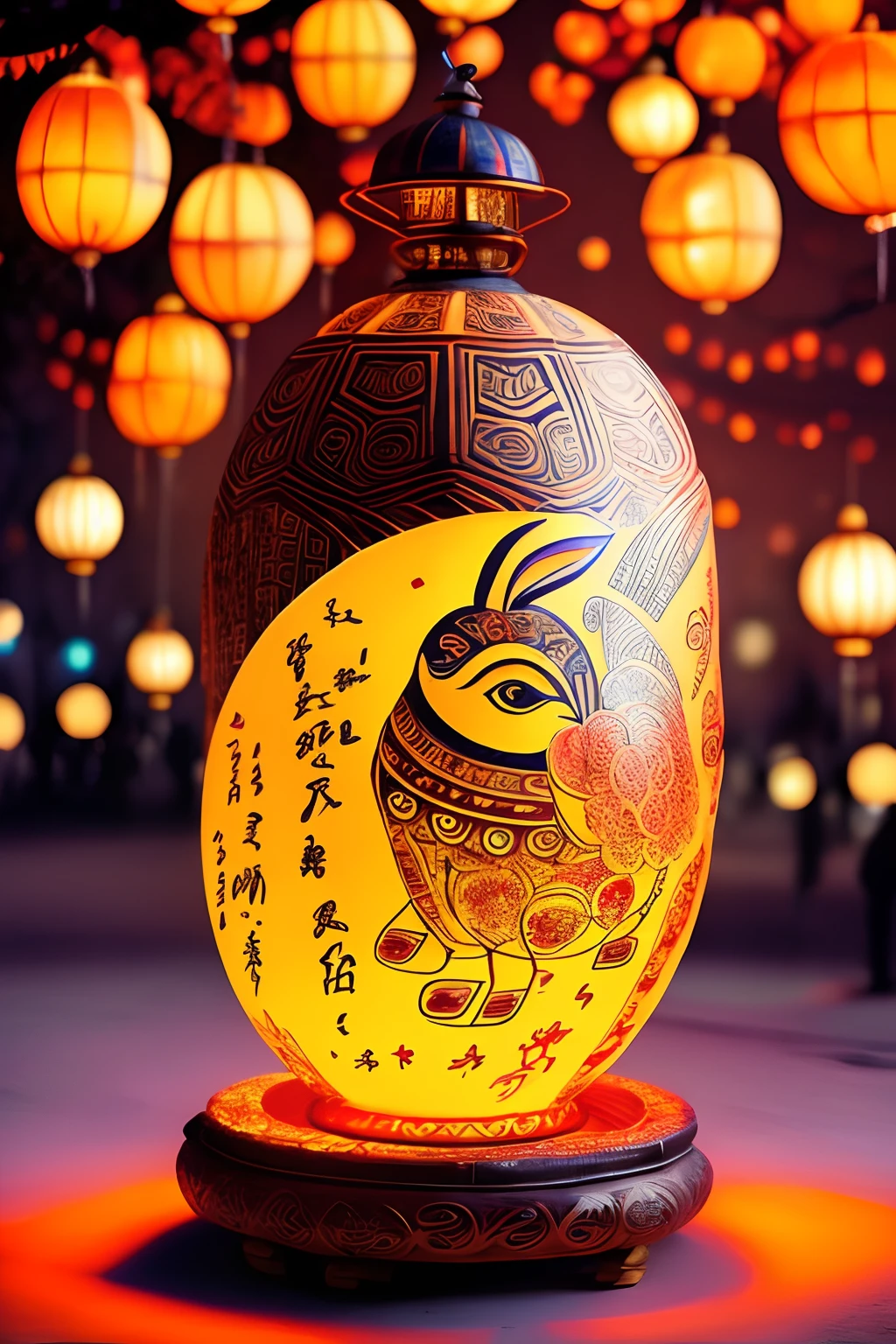 A rabbit carrying a lantern stands in a vibrant scene celebrating the Mid-Autumn Festival. The rabbit is depicted with intricate details, highlighting its fluffy fur, expressive eyes, and cute whiskers. It holds a beautifully crafted lantern, emitting a warm glow that illuminates the surroundings. The lantern is adorned with colorful patterns and has a traditional design. The background showcases a big, luminous moon, casting a soft, ethereal light on the scene. The moon cake car, ornately decorated with intricate patterns and symbols, adds to the festive atmosphere. The overall image quality is of the highest standard, with ultra-detailed elements and vivid colors. The art style is a perfect blend of traditional aesthetics and modern creativity, capturing the essence of the Mid-Autumn Festival. The color tone of the artwork is warm and inviting, evoking a sense of joy and celebration. The lighting in the scene is well-balanced, emphasizing the enchanting ambiance of the festival.