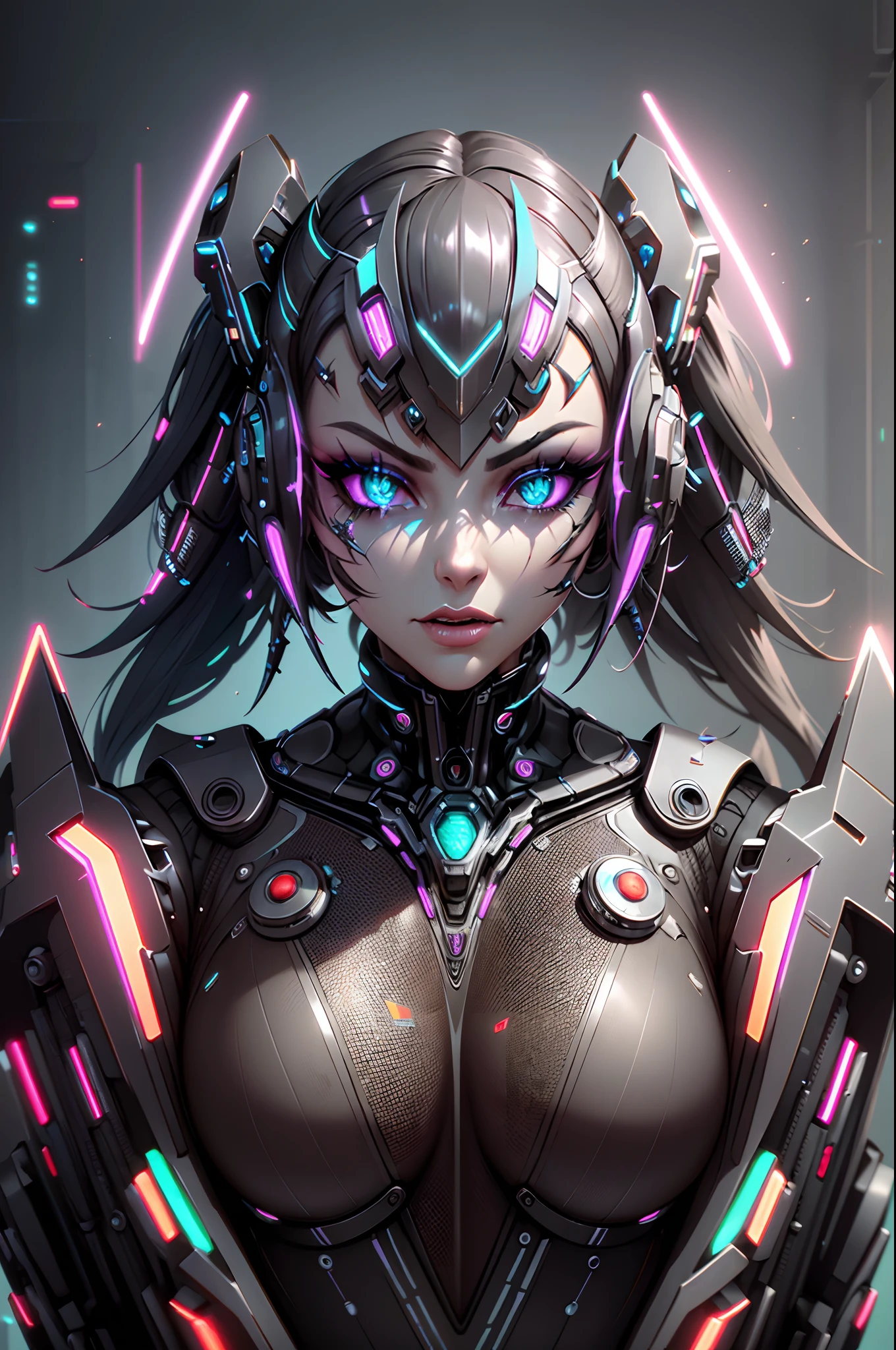 (best quality, highres:1.2), ultra-detailed, realistic, concept artist, portrait, vivid colors, studio lighting, laser lights, technology, futuristic, 3D rendering, electric glow, biomechanical, extravagant makeup, cyberpunk aesthetic, sparkling jewels, glowing tattoos, cybernetic enhancements, high-tech fashion, reflective surfaces, bionic limbs, advanced robotics, digital art, dystopian, post-apocalyptic, striking contrast, dynamic composition, immersive environment, sci-fi ambiance, colorful holograms, dark background, ethereal aura, translucent elements, neon grids, mind-blowing details, perfect symmetry, ornate accessories, glamorous diva, unconventional beauty, controlled chaos, mesmerizing gaze, alluring posture, confident presence, technological marvels, unique and enchanting.