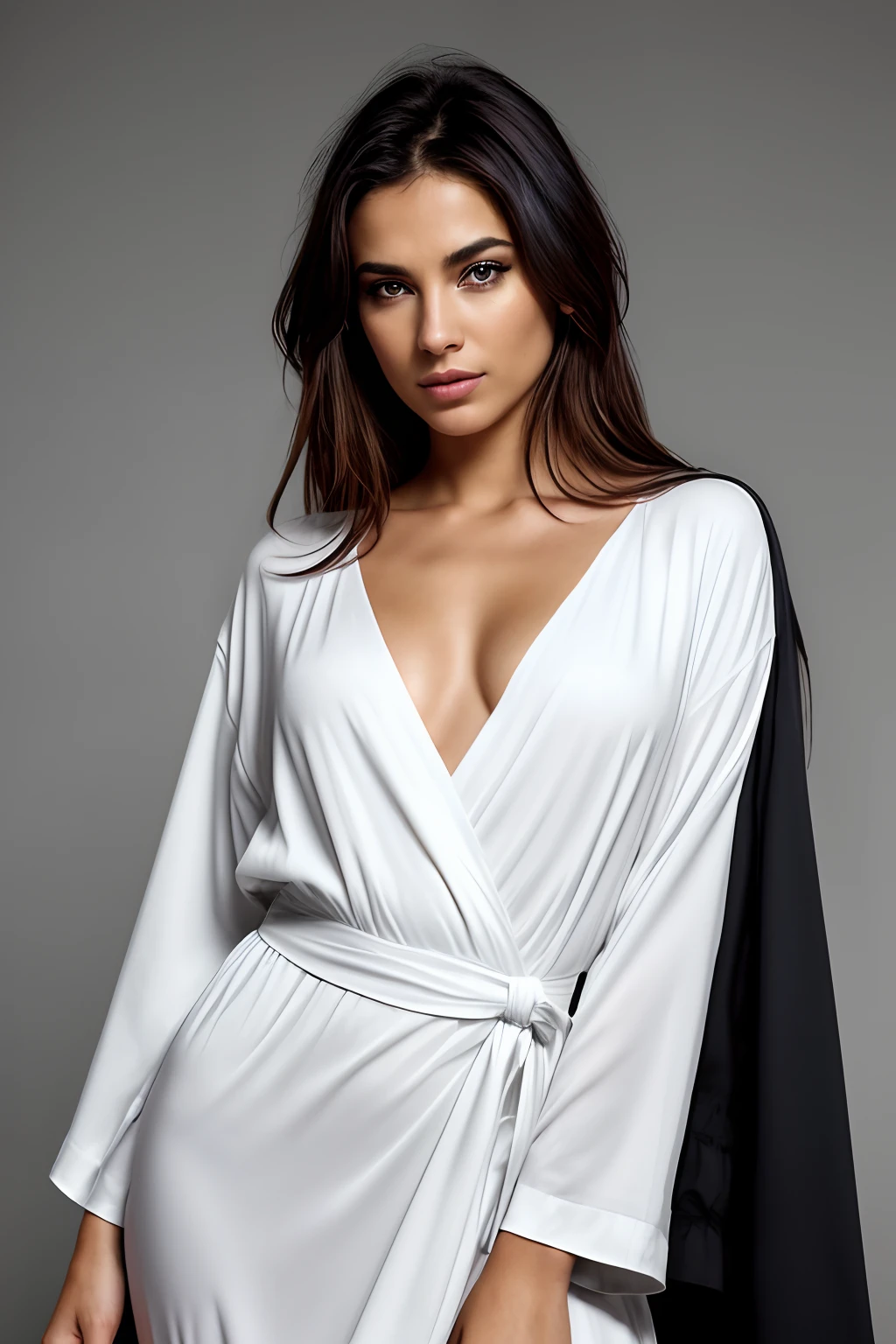 Style apocalyptique, femme aux cheveux noirs, (mascara, eyeliner:1.1), Expression heureuse, (posture dynamique:1.2), debout, (Mini robe blanche:1.2),, (Photo brute, photoreallistic:1.3), candid, 16 mm, Color Graded, Couleur remarquable, ultra realist, textured skin, remarkable detailed pupils, (peau imparfaite:1.1), realistic dull skin noise, visible skin detail, duvet de peau, dry skin, Image fixe du film,