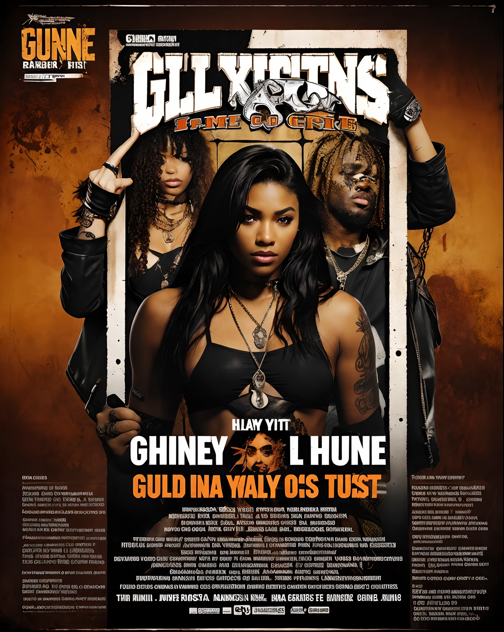 a musical chaos edgy gritty dark grune hip hop Flyers info with list of, artists name lots of info a girl rapper is in teh centre of the poster