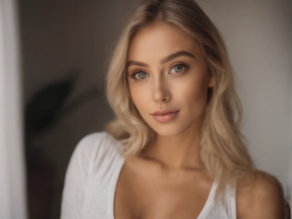 Arafed Full Woman, Sexy Girl with Blue Eyes, , Ultra Realistic, Meticulously Detailed, Portrait of Sophie Mudd, Blonde Hair and Big Eyes, Selfie of a Young Woman, Bedroom Eyes, Violet Myers, No Makeup, Natural Makeup, Looking Directly at the Camera, face artgram, subtle make-up, Impressive photo of the whole body kneeling on the bed, Smiling With White Teeth, In the bedroom, Medium and large size chest, allowing the face to be seen clearly, portrait