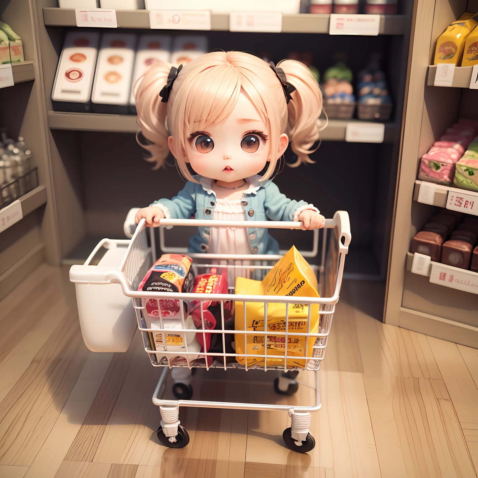 Cute Chibi Anime、(((chibi 3d))) (Best Quality), (masutepiece)、Chibi Supermarket、Food Section Display Cabinet、shopping cart、There is food in the shopping cart、Grab the cart、The cart is what you push