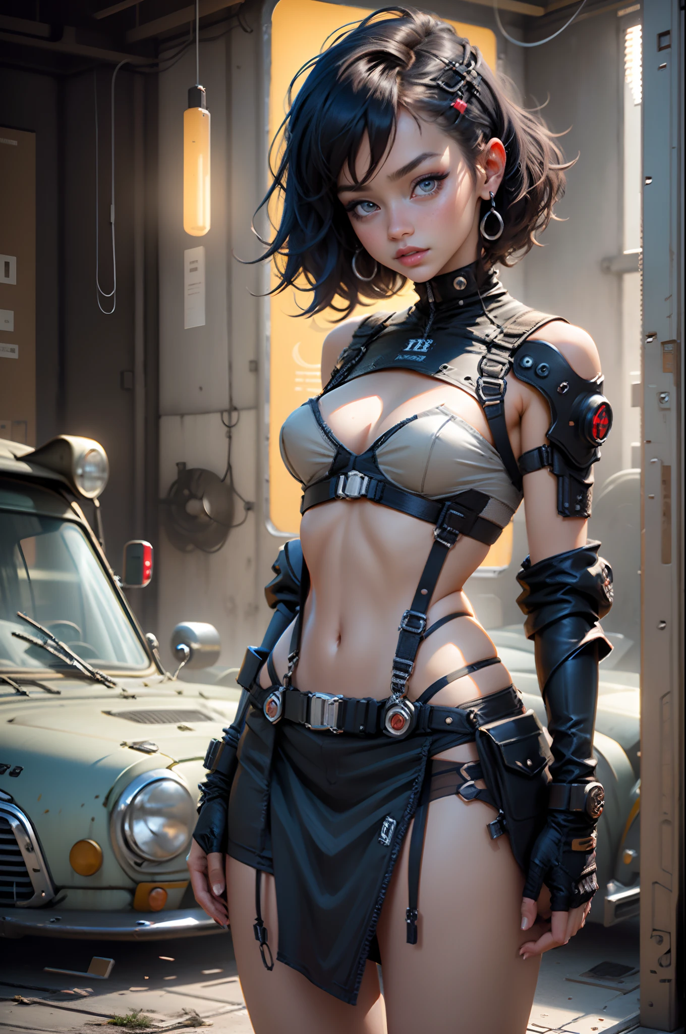 motor irreal:1.4,CG ultra realista 64K, fotorrealista:1.4, textura de la piel:1.4, obra maestra:1.4,posing behind Beautiful woman with babydoll lingerie、Ropa corta estilo cyberpunk color amarillo, pantimedias red , Mini falda azul,