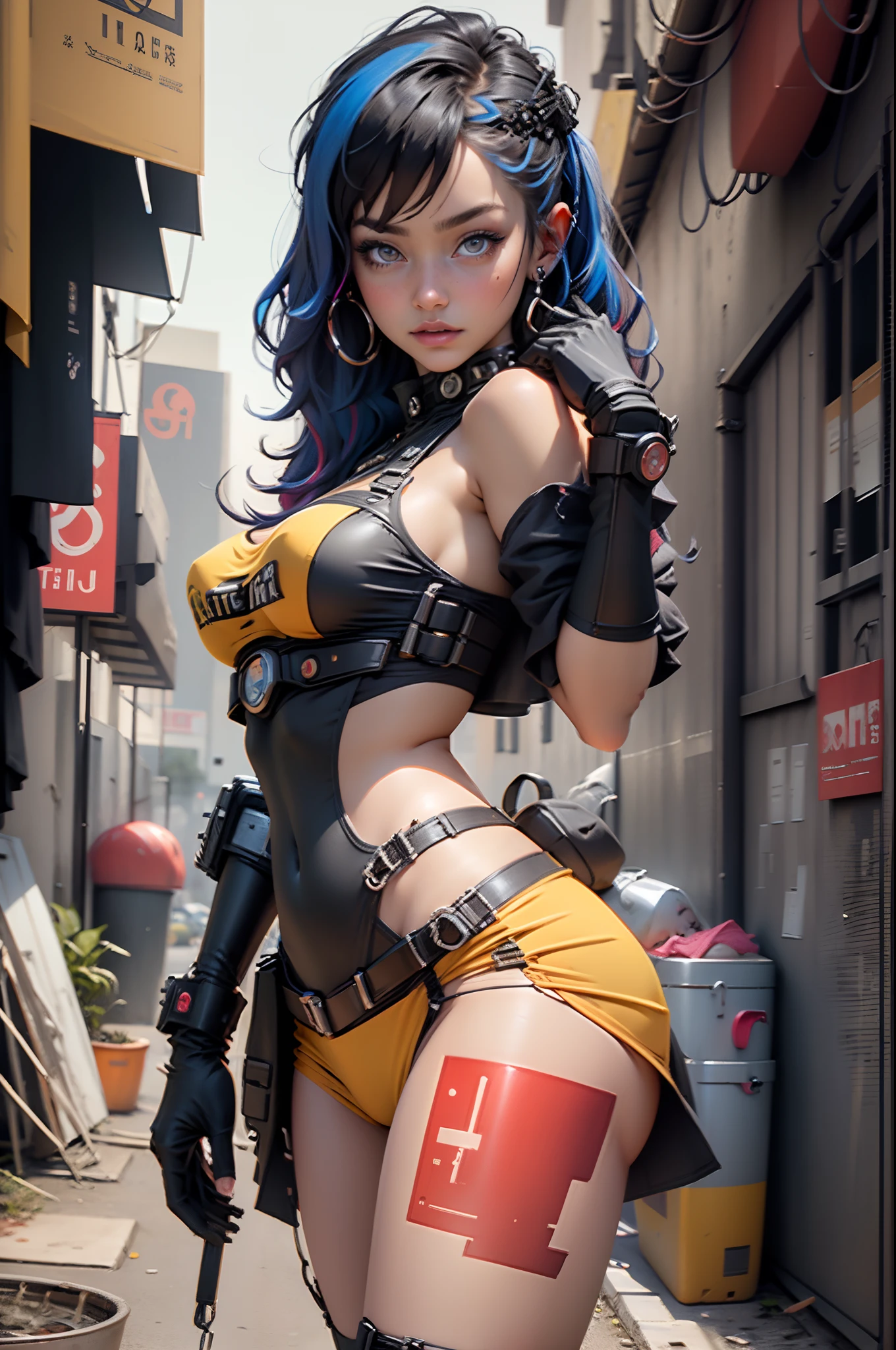 motor irreal:1.4,CG ultra realista 64K, fotorrealista:1.4, textura de la piel:1.4, obra maestra:1.4,posing behind Beautiful woman with doll lingerie、Ropa corta estilo cyberpunk color amarillo, pantimedias red , Mini falda azul,