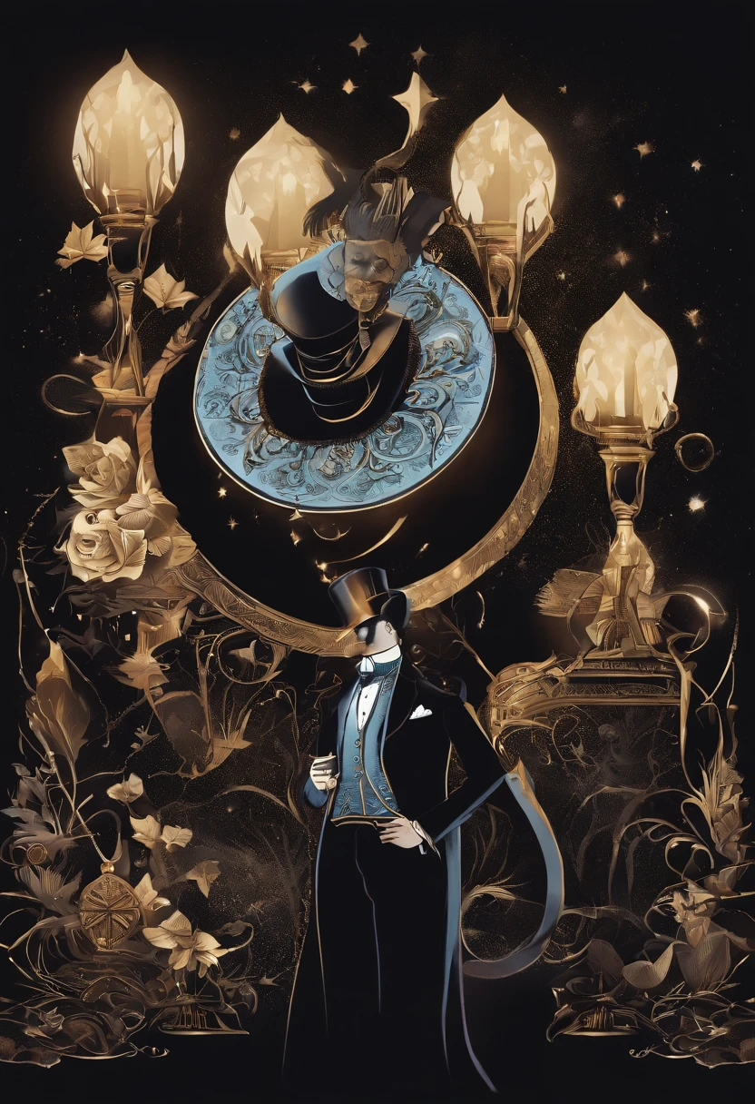 /imagine prompt: Magician illustration with sticker on black background,The outline is bold, Jagged edges, Garbage core, Light and Shadow - V 5.2
