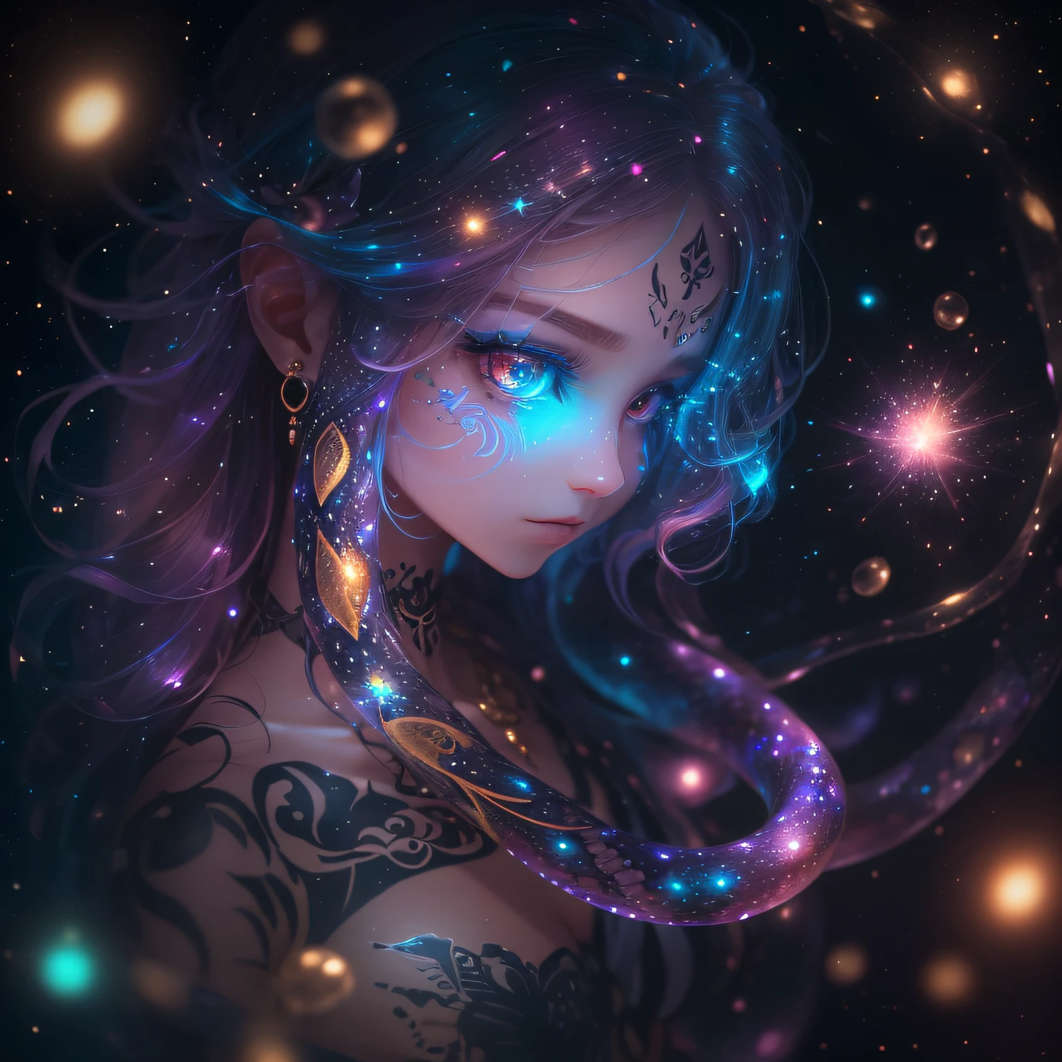 The glowing hair tattoo all over the body is an adult woman with countless small snakes, full-length portrait, (8K, Best Quality, Masterpiece: 1.2), Super detailed, (Professional lighting, Lens), multi-colored hair, sacred, evil, Depraved, dreamy, (light particles, lens flares, glowing particles: 0.6), (dynamicpose), Mirror lighting, soft-lighting, looking at the viewer, Depth of field, (small head: 1.4), (CG illustration), (very delicate and beautiful), (Cute and gentle face), ((Floating)), expressionless face, (focus character), slime, Chaos, An Evil God, indescribable, glowing pink eyes, Heterochromic pupils, sorceress, Tentacles, Enveloping tattoo on the legs, pink glowing tattoo, purple glowing tattoo, a small amount of blue pattern, a small amount of white pattern, Decoration with black snake scales, a small amount of gold jewelry, a small amount of blue decoration, Colored eye shadow, colored eyelashes, SFW, chromatic aberration, (Super detailed), Psychological light, (All glowing tattoos on the chest, abdomen and legs), Decorating the starry sky of your dreams, three views, Setting up charts, multiple views,